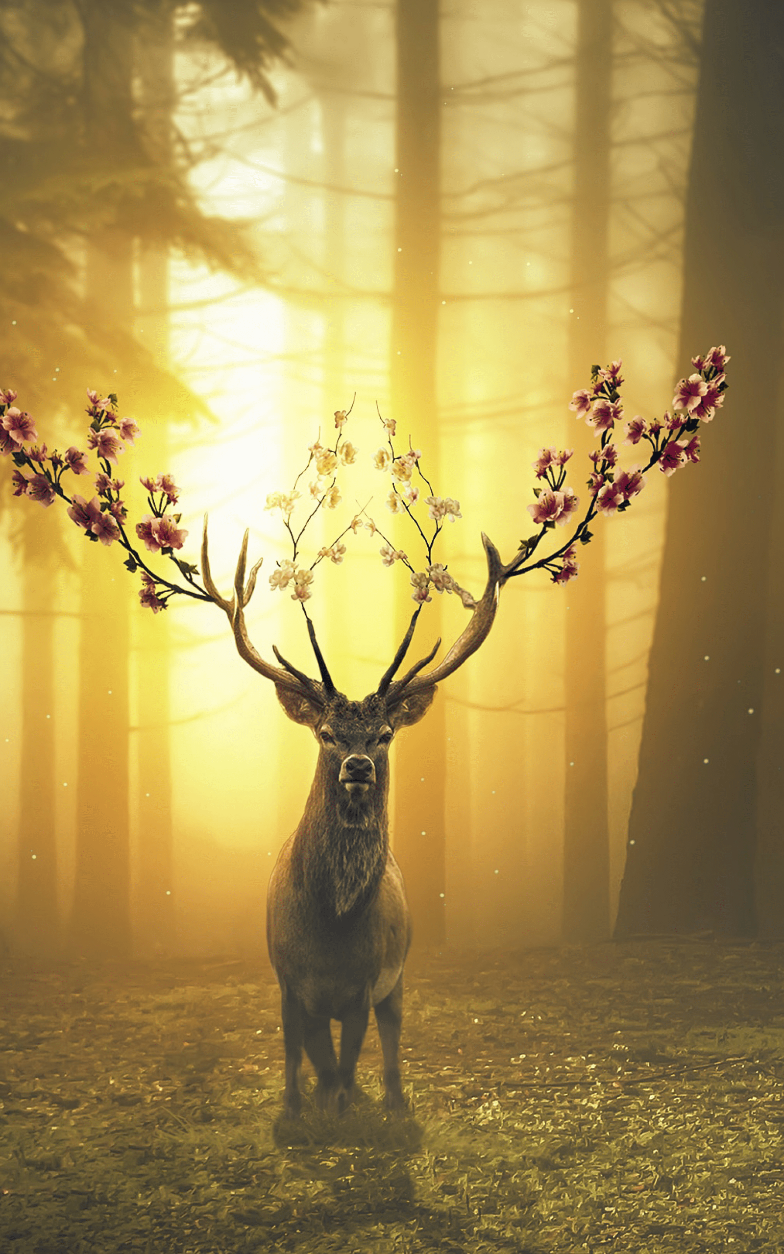 1600x2560 Download 1600x2560 Deer, Flowers, Horns, Forest, Autumn, Surrealism Wallpaper for Google Nexus 10