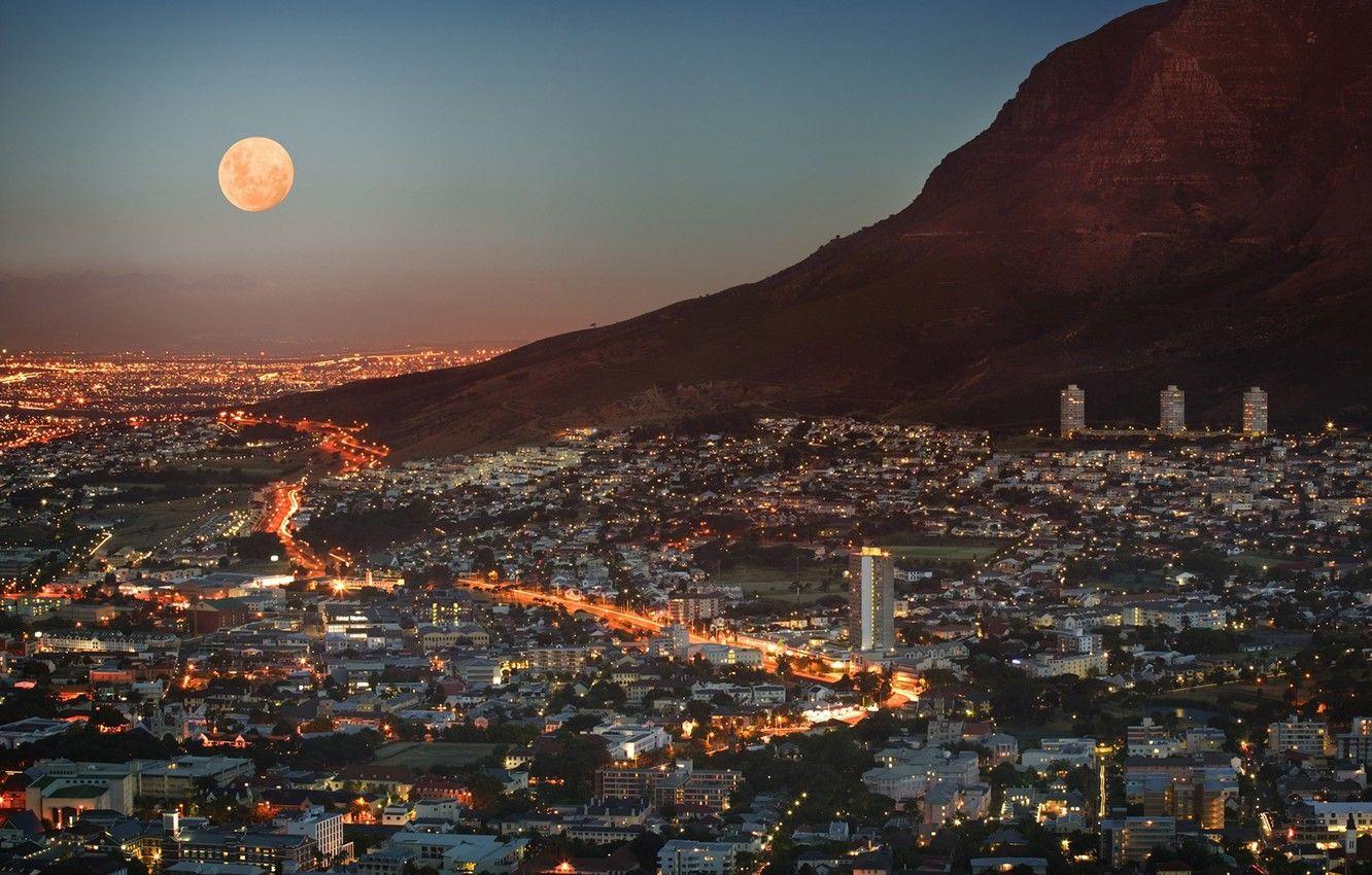 1332x850 Wallpaper the sky, light, lights, the moon, view, height, mountain, home, skyscrapers, panorama, twilight, megapolis, South Africa, Cape Town, Cape town, RSA image for desktop, section город