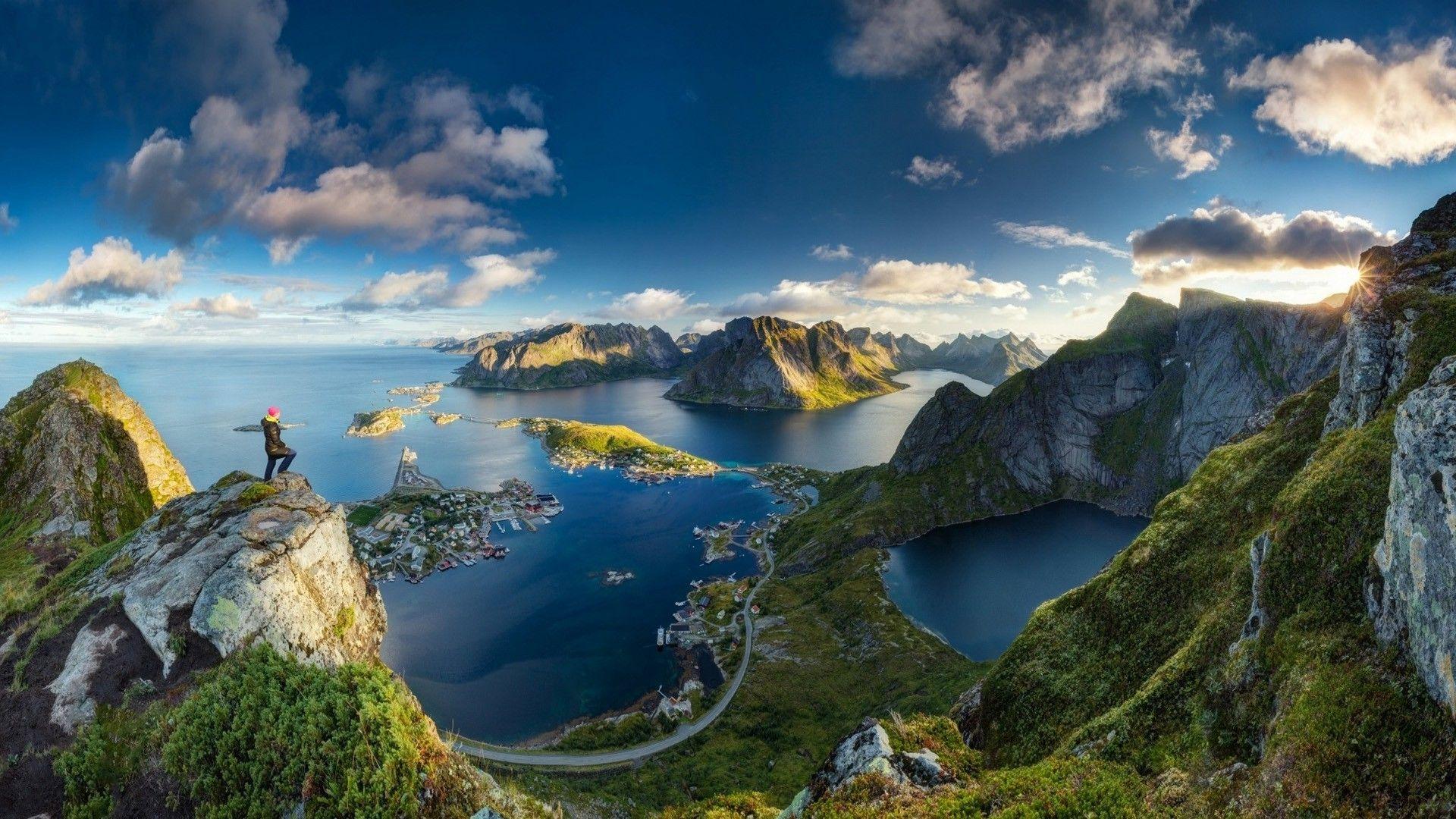 1920x1080 Lofoten, Norway, Island, Cityscape, Sea, Grass, Mountains, Clouds, Anime, Water, Fjord, Nature, Landscape, Lake, Panorama Wallpaper HD / Desktop and Mobile Background