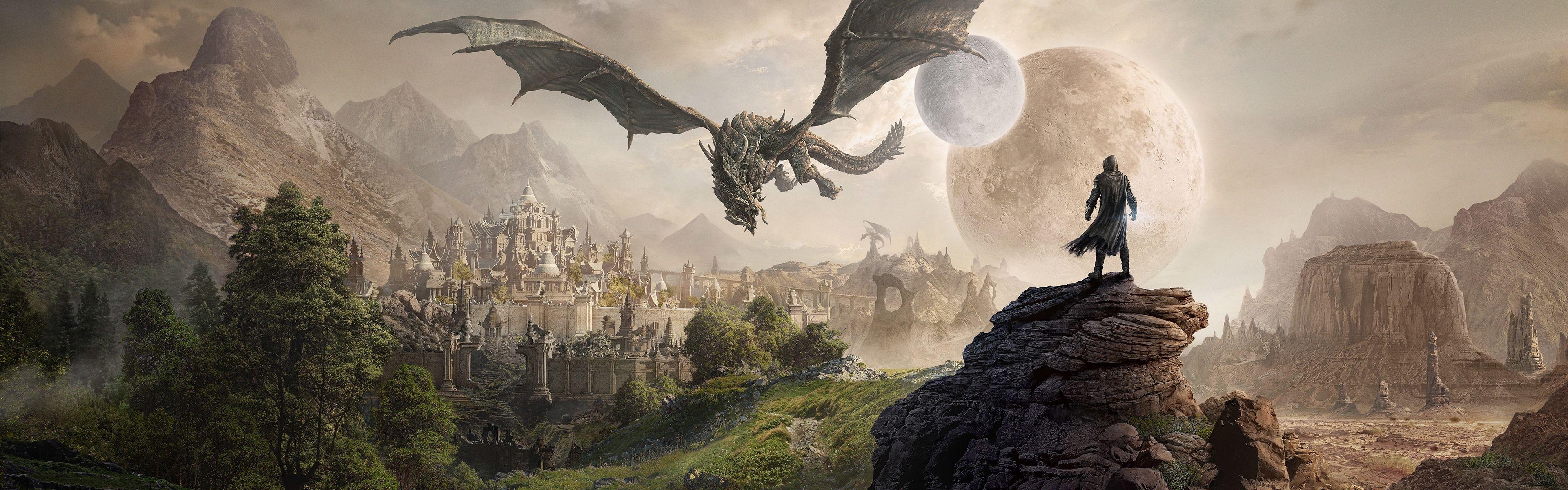 3840x1200 Wallpaper The Elder Scrolls, city, moon, planet, dragon 3840x2160 UHD 4K Picture, Image