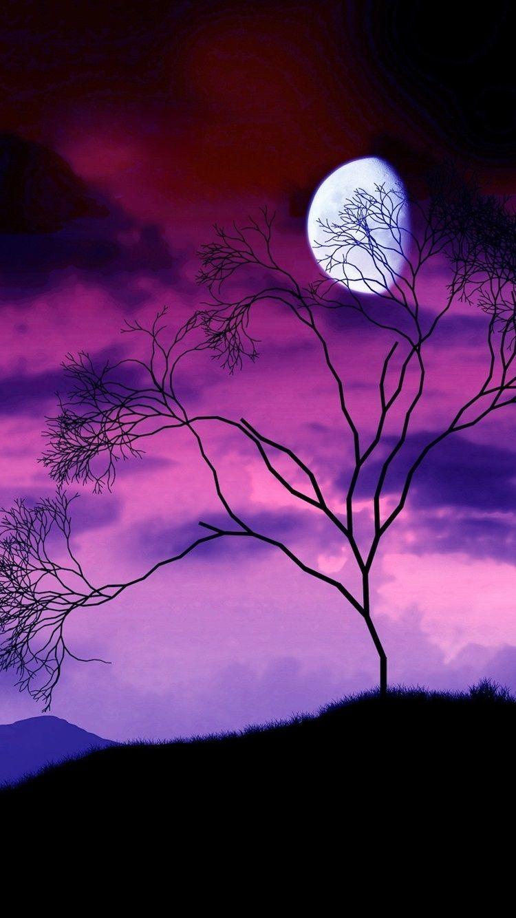 750x1334 Tree Branches, The Moon At Night, Purple Sky 750x1334 IPhone 8 7 6 6S Wallpaper, Background, Picture, Image