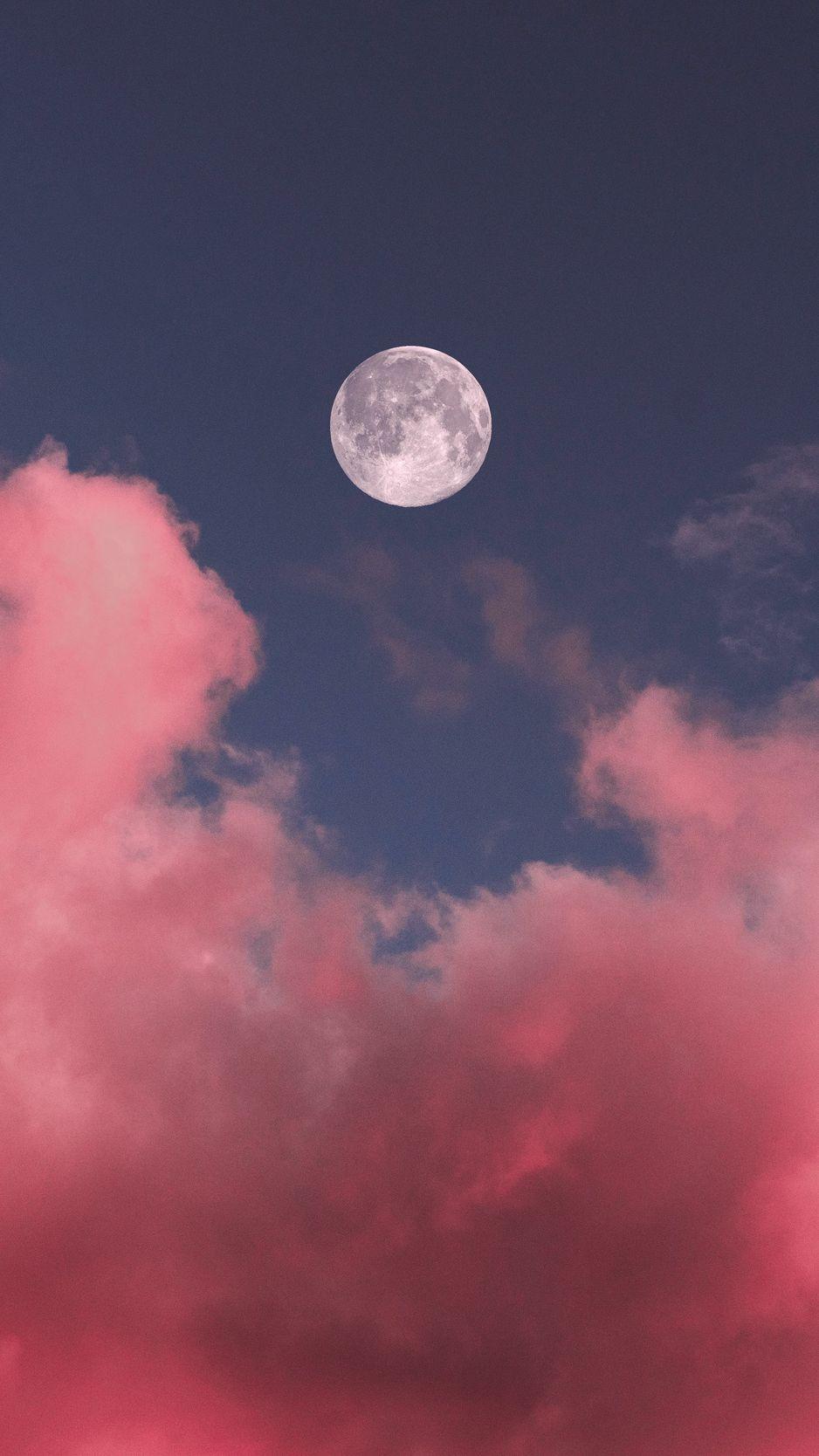 938x1668 Download Wallpaper 938x1668 Moon, Clouds, Pink, Sky, Full Moon Iphone 8 7 6s 6 For Parallax HD Background