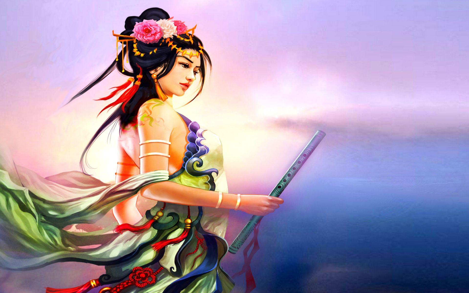 1920x1200 Beautiful Goddess With Traditional Japanese Bamboo Flute Desktop Background Free Download 1920x1200 :