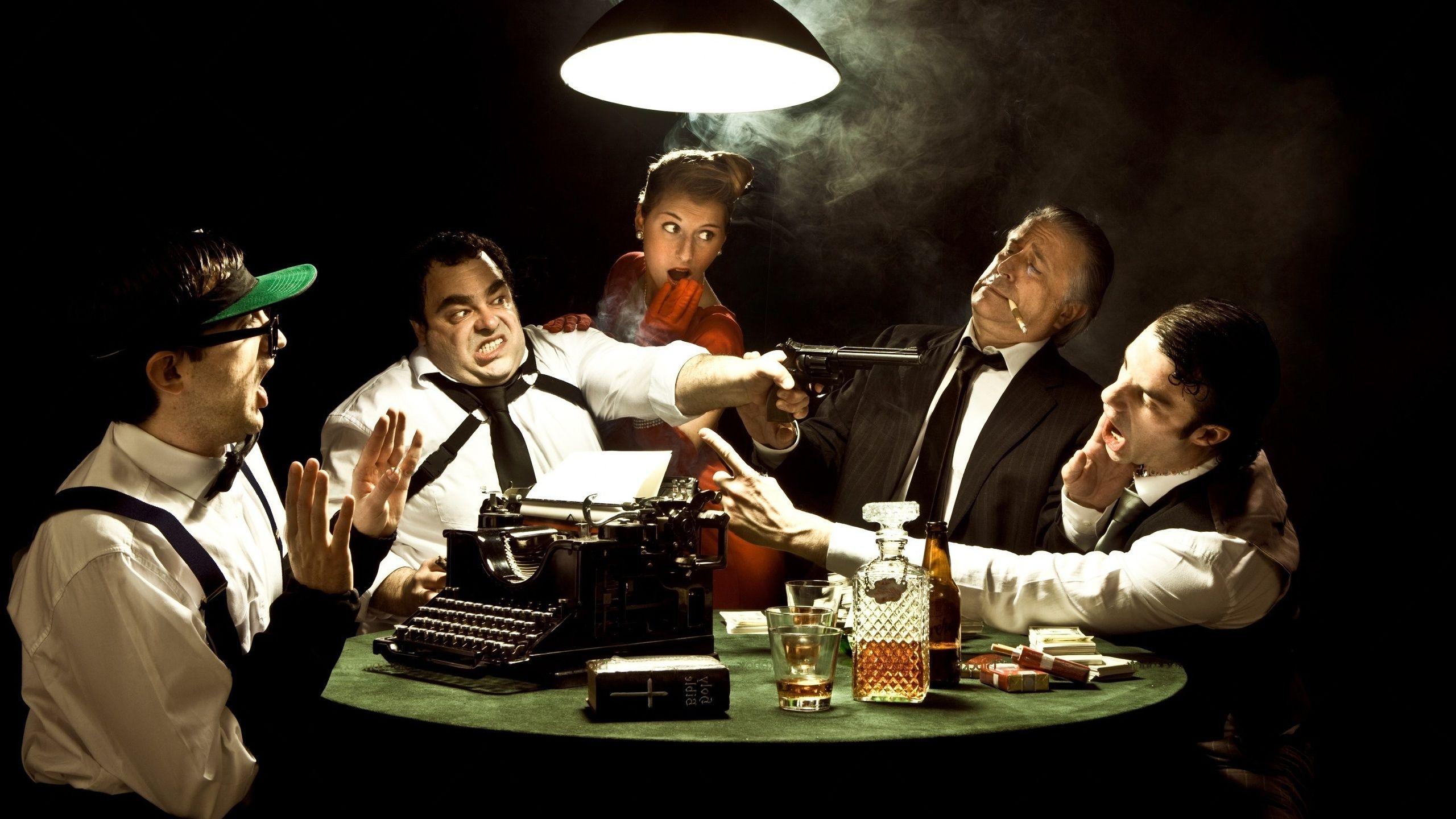 2560x1440 Emotions, Barrel, Glass, Cognac, Typewriter, Mafia