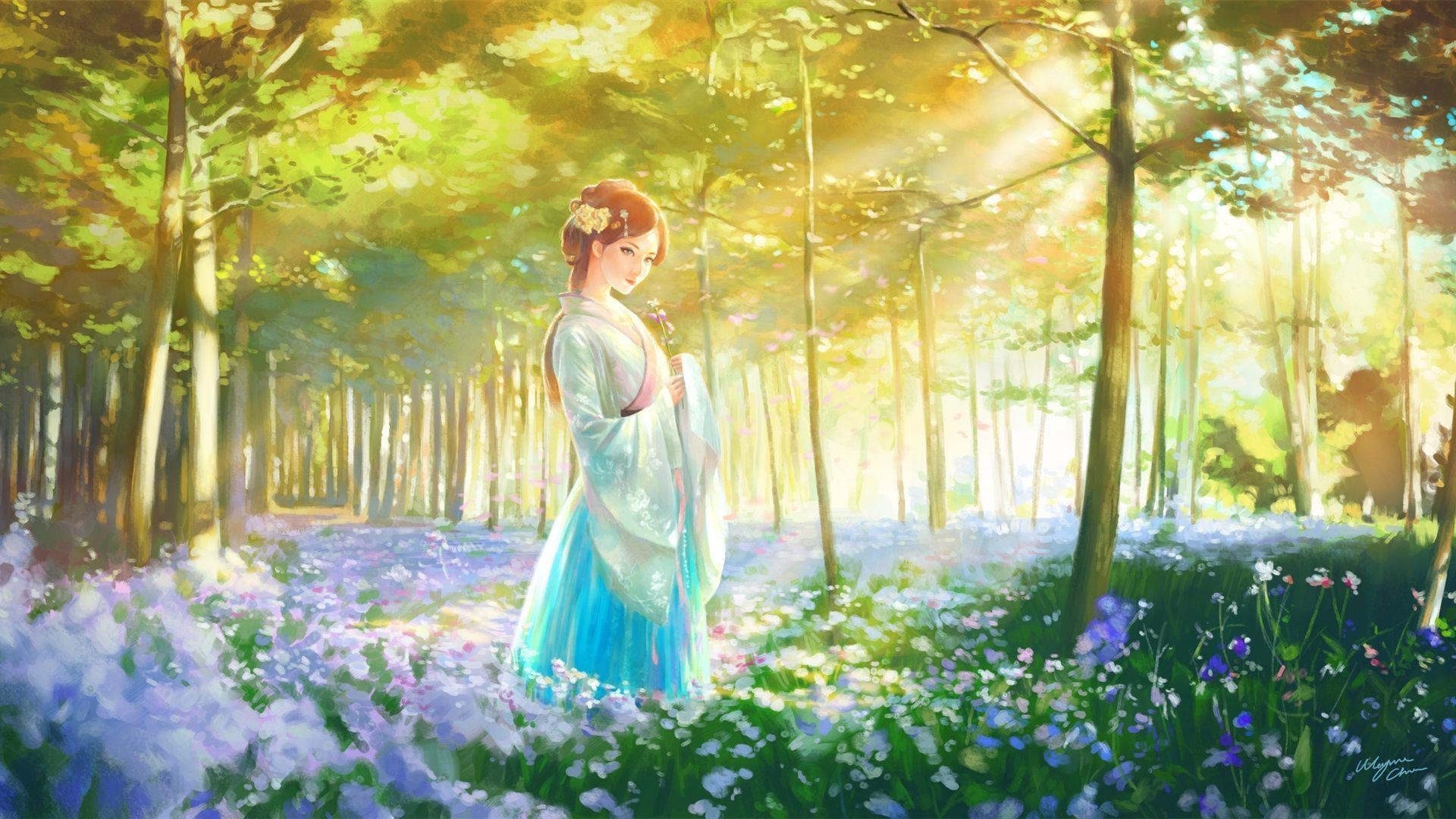 1920x1080 Wallpaper Beautiful Chinese girl, retro style, forest, flowers, art painting 1920x1200 HD Picture, Image