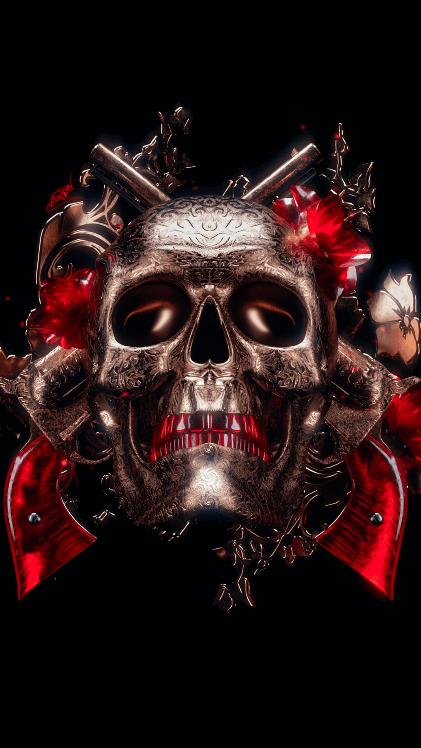 1440x2560 Skull 4K Wallpaper, 3D, Black background, Graphics CGI