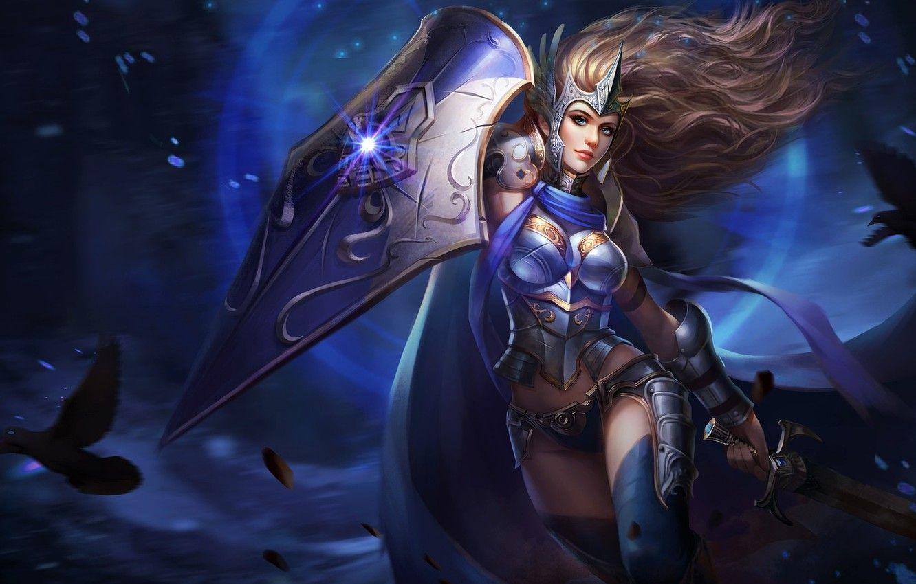 1332x850 Wallpaper dark, girl, sword, fantasy, armor, weapon, Warrior, blue eyes, birds, digital art, artwork, shield, fantasy art, pearls, crows image for desktop, section фантастика