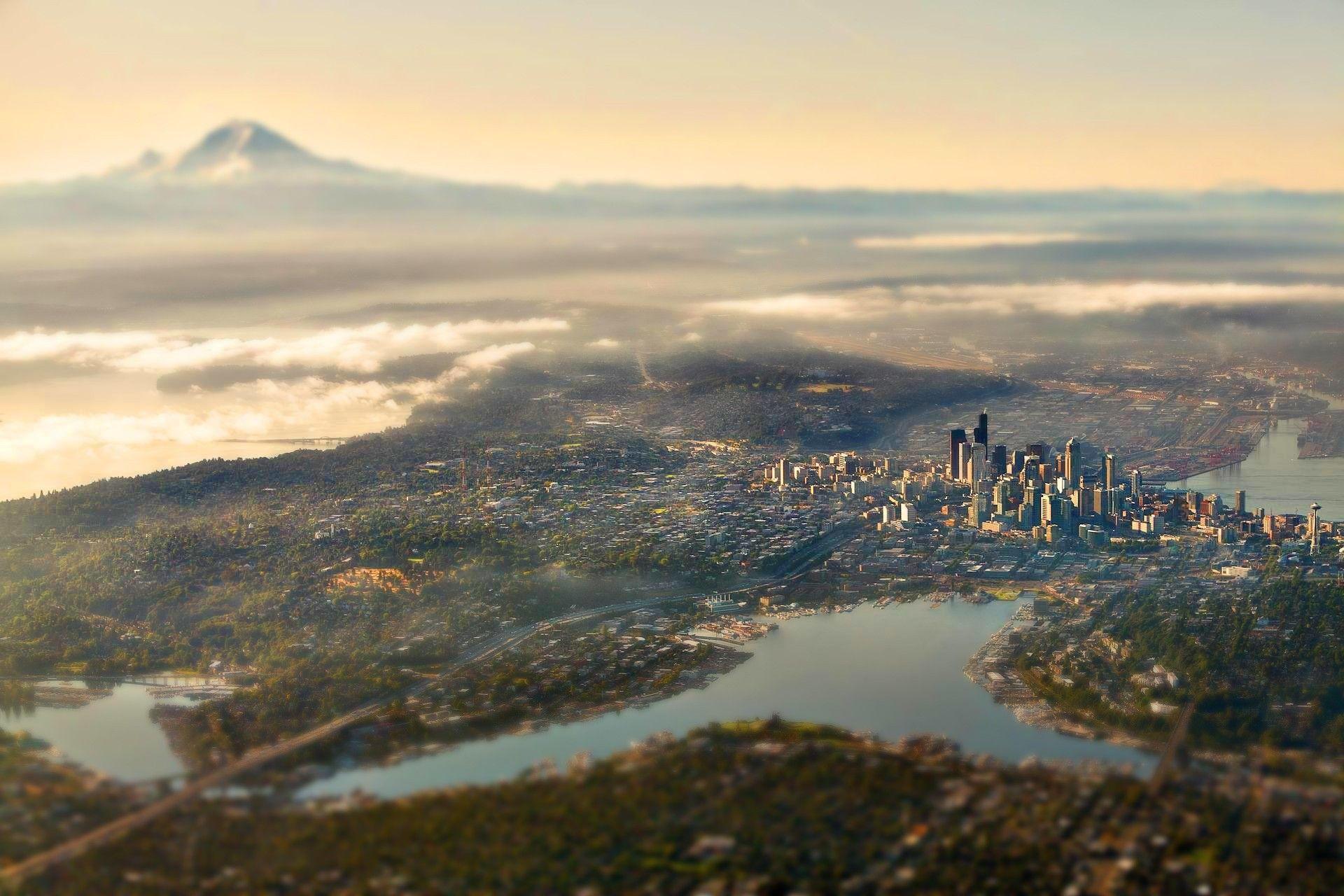 1920x1280 #mountains #mist #road #city #cityscape #building #lake #clouds #tilt shift #birds eye view #Seattle #USA #aerial view #landscape #bridge #skyscraper #nature wallpaper. Mocah.org HD Desktop Wallpaper