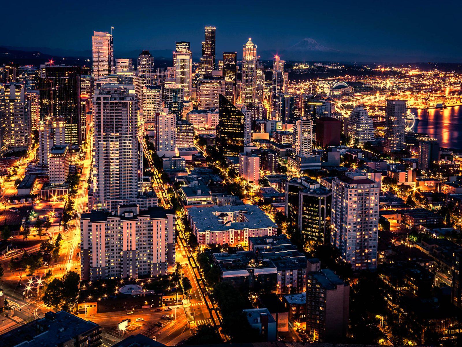 1600x1200 Seattle In The Night Hours The City's Greatest Town State Cityscape Night Wallpaper High Resolution HD 3840x2160 :
