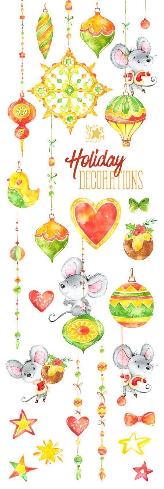570x1693 Holiday Decorations. Christmas Watercolor clipart, mouses, baubles, holly, winter, gift, diy, new year, merry, season, cute, kids, xmas