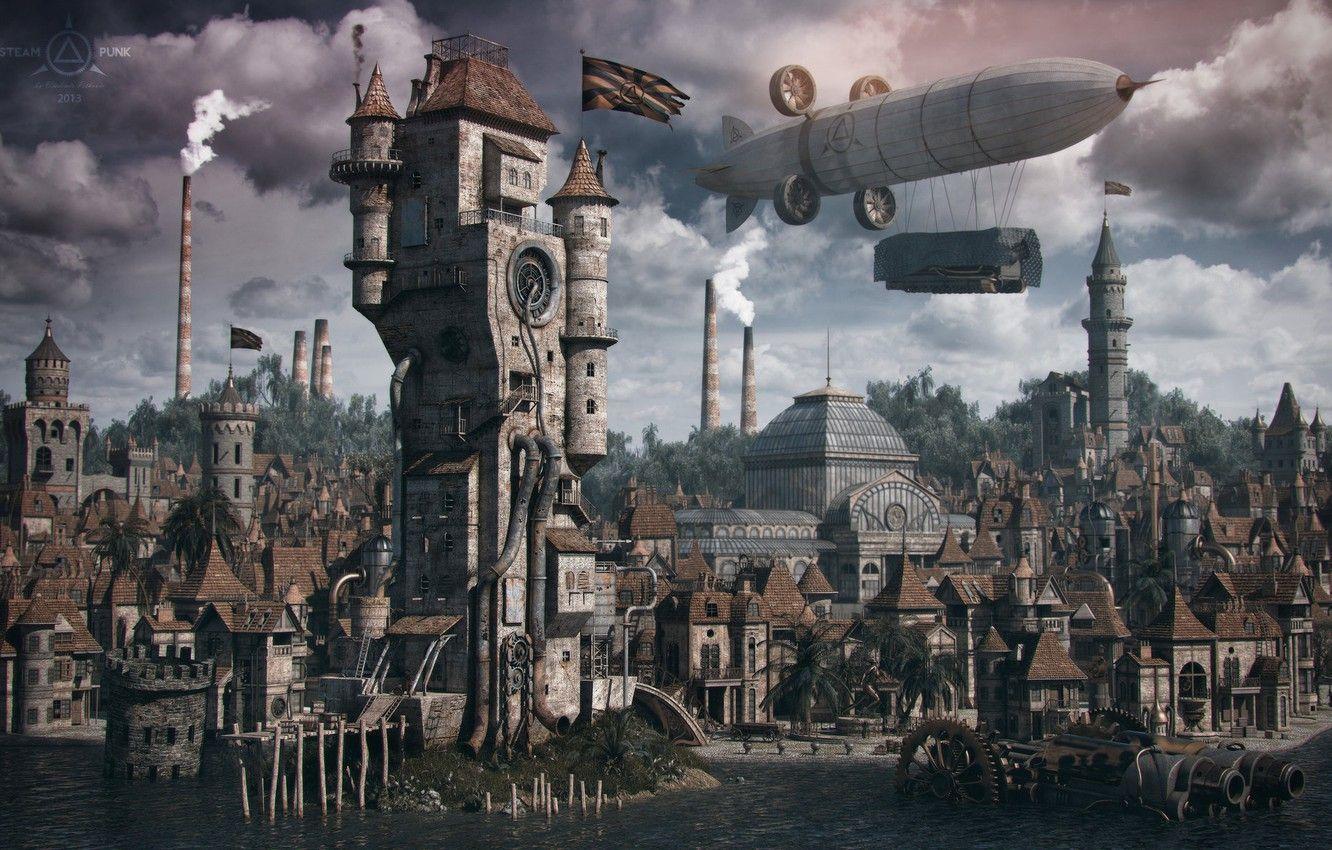 1332x850 Wallpaper the city, building, the airship, structure, steampunk image for desktop, section рендеринг