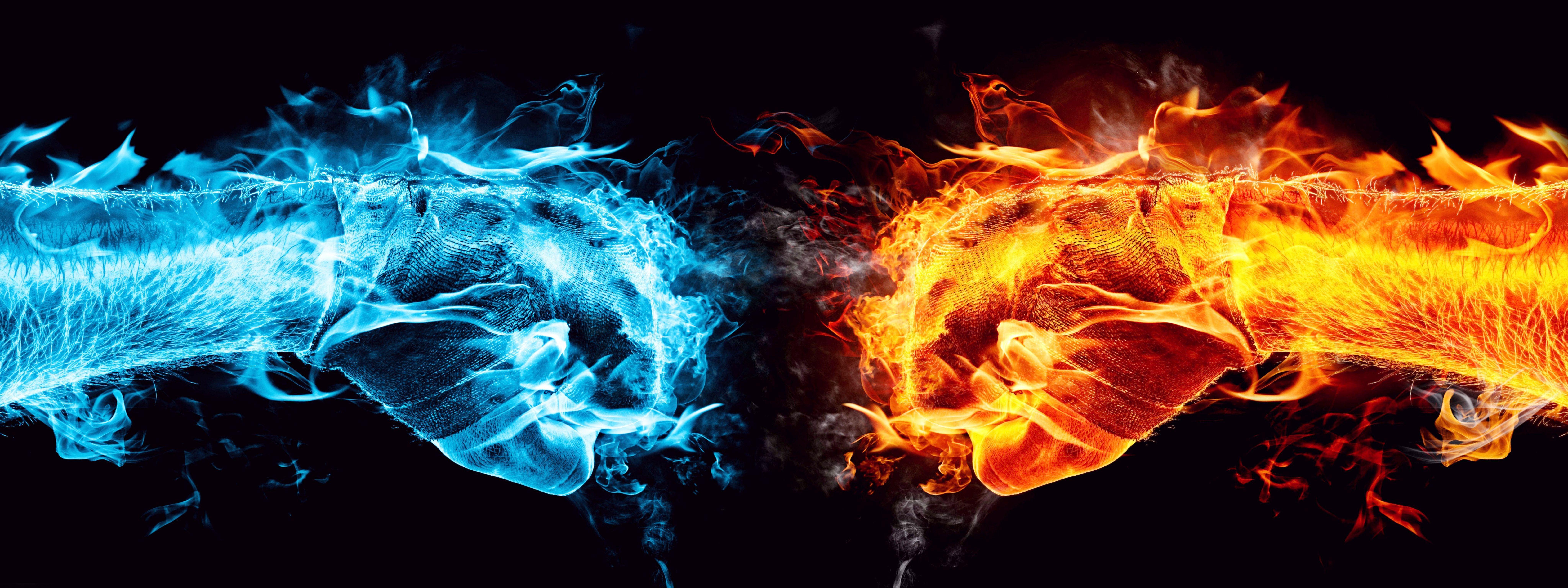 8192x3072 Water And Fire Fists Battle Dual Screen Wallpaper HD / Desktop