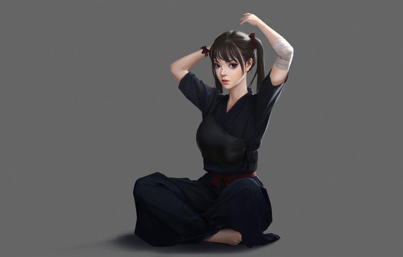 1332x850 Wallpaper Girl, Sport, Asian, Girl, Pose, Japanese, Art, Beautiful, Illustration, Minimalism, Karate, L.tt.ing l, by L.tt.ing l image for desktop, section минимализм
