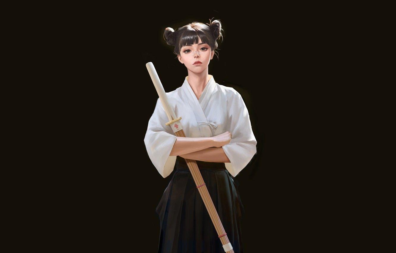 1332x850 Wallpaper Girl, Sport, Asian, Girl, Japanese, Art, Illustration, Minimalism, Martial art, L.tt.ing l, Training sword, by L.tt.ing l image for desktop, section арт