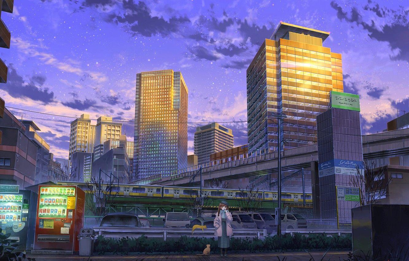 1332x850 Wallpaper Figure, The city, Cat, Girl, Building, Girl, City, Japan, Cat, Building, Transport, Drawing, Transport, by JP NIK, JP NIK, Evening company image for desktop, section арт