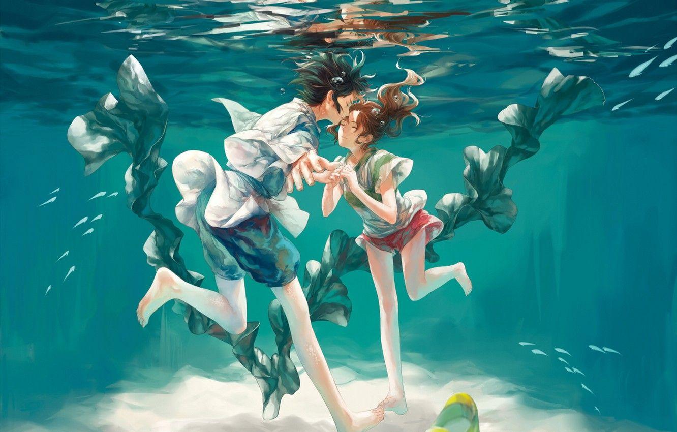 1332x850 Wallpaper girl, bubbles, anime, art, guy, under water, spirited away, spirited away, ogino chihiro, haku, in in in wloveless image for desktop, section прочее
