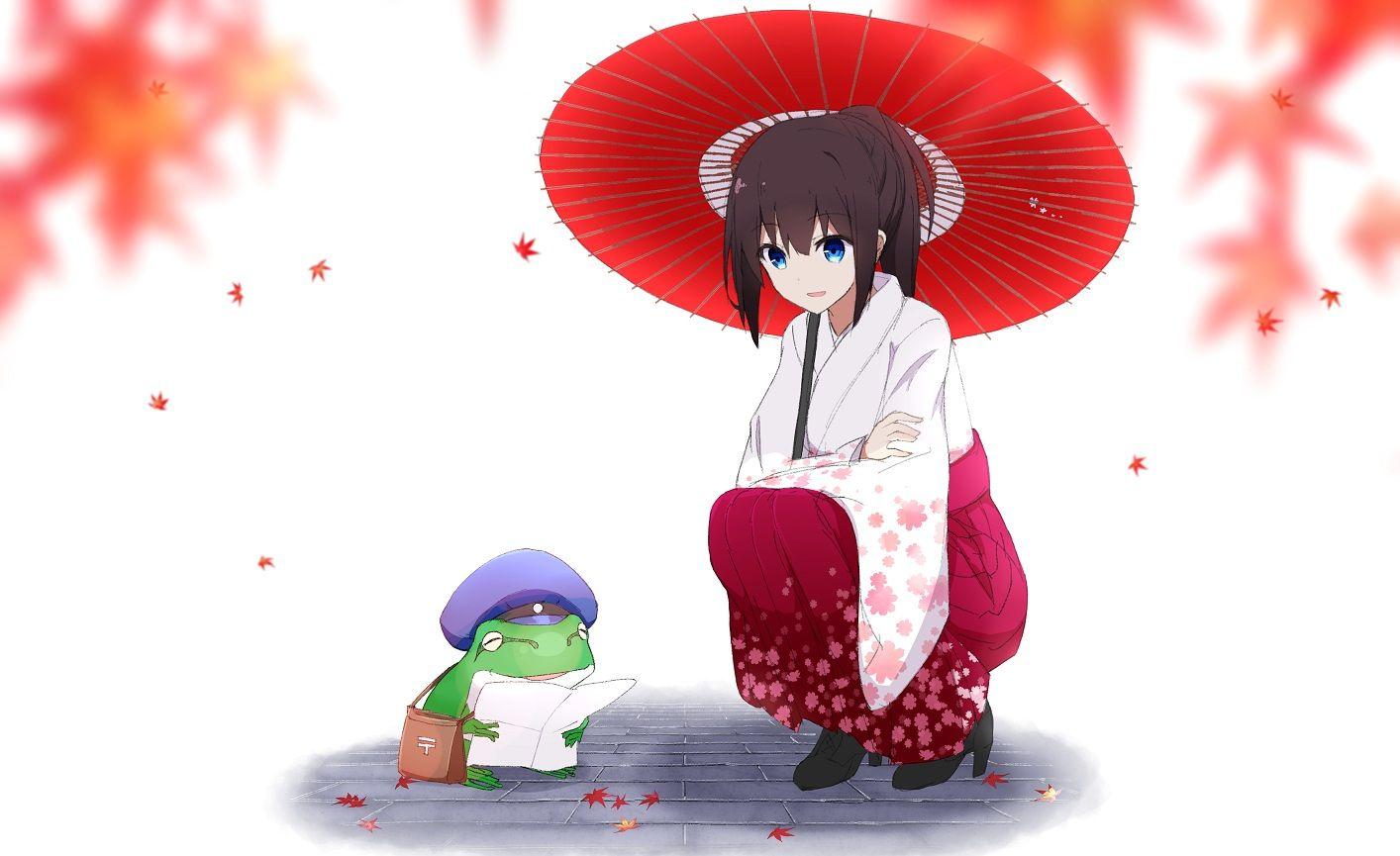 1414x865 aa (sin2324) aliasing animal autumn blue eyes brown hair frog hat japanese clothes kimono leaves original paper umbrella. konachan.com.com Anime Wallpaper