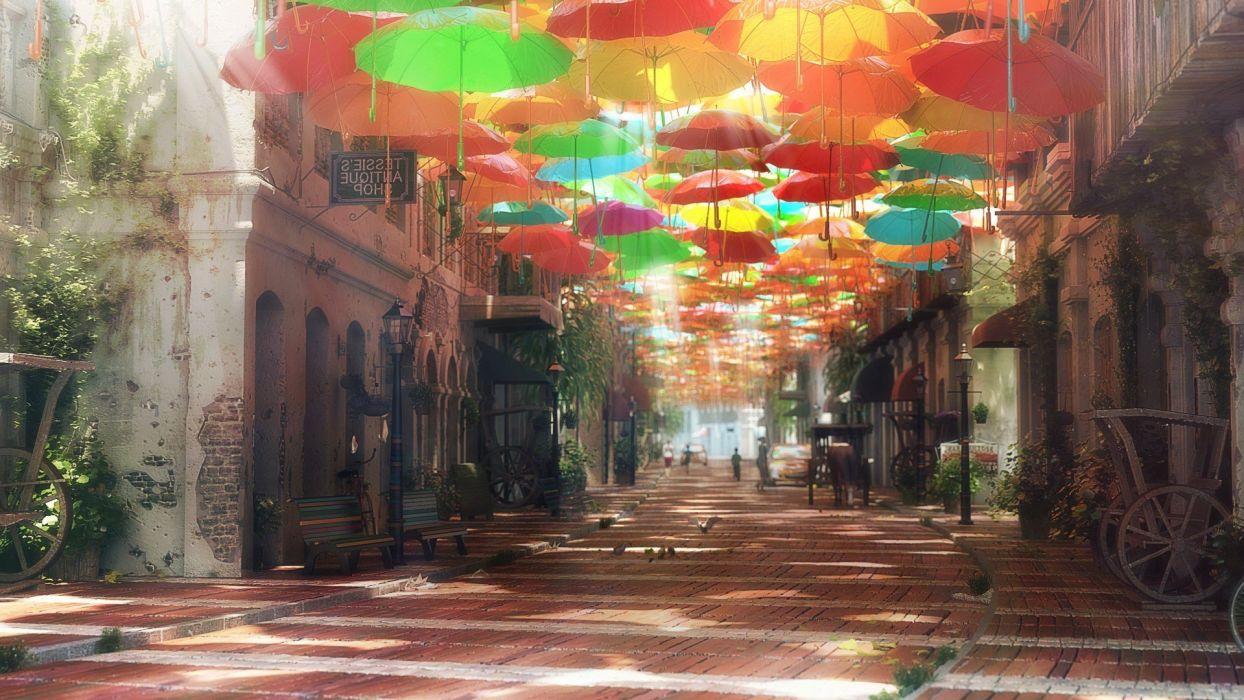 1244x700 Building car carts Colorful horse street umbrella wallpaperx1080