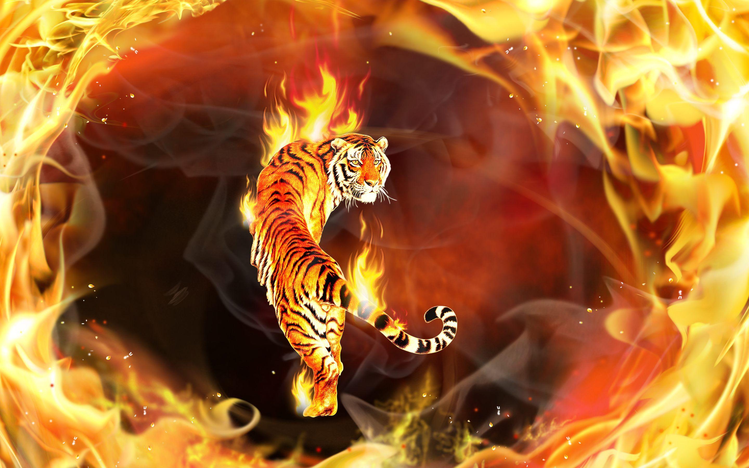 2880x1800 Fire Tiger Fantasy Animal Wallpaper HD Download For Desktop