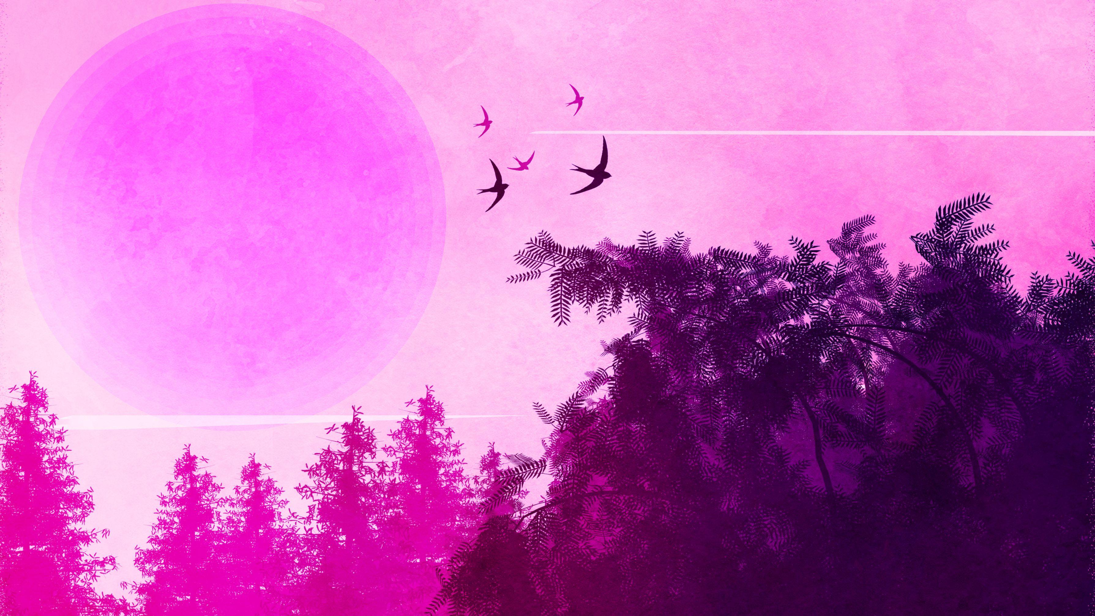 3578x2013 Pink Birds Forest Landscape 4k Macbook Pro Retina HD 4k Wallpaper, Image, Background, Photo and Picture