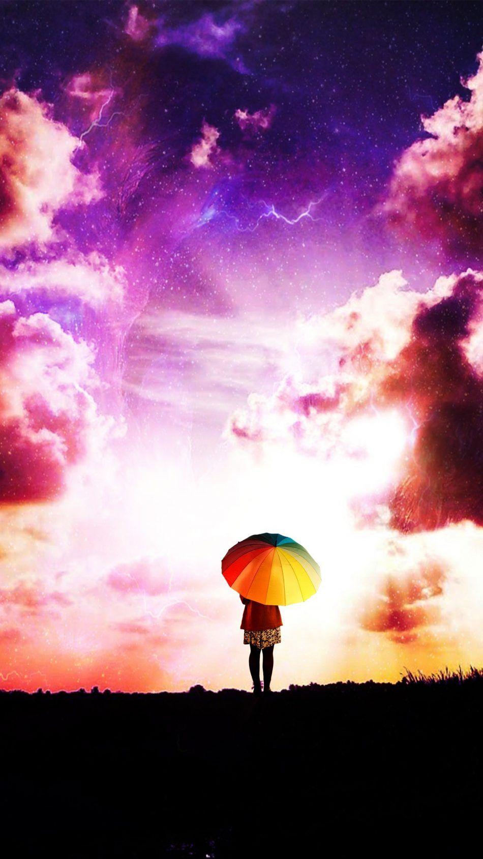 950x1689 Lone Girl Colorful Umbrella Sunset Clouds 4K Ultra HD Mobile Wallpaper
