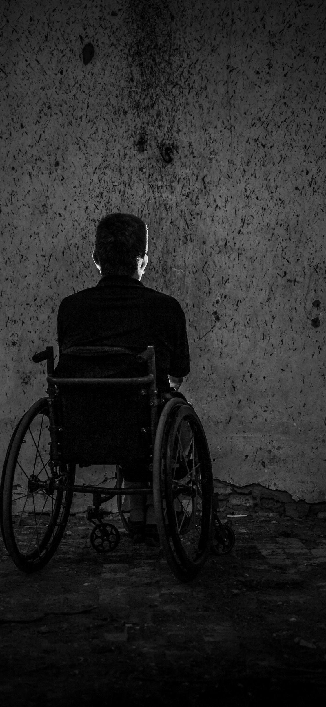 1125x2436 Download 1125x2436 Wheelchair, Old Man, Monochrome, Room Wallpaper for iPhone X