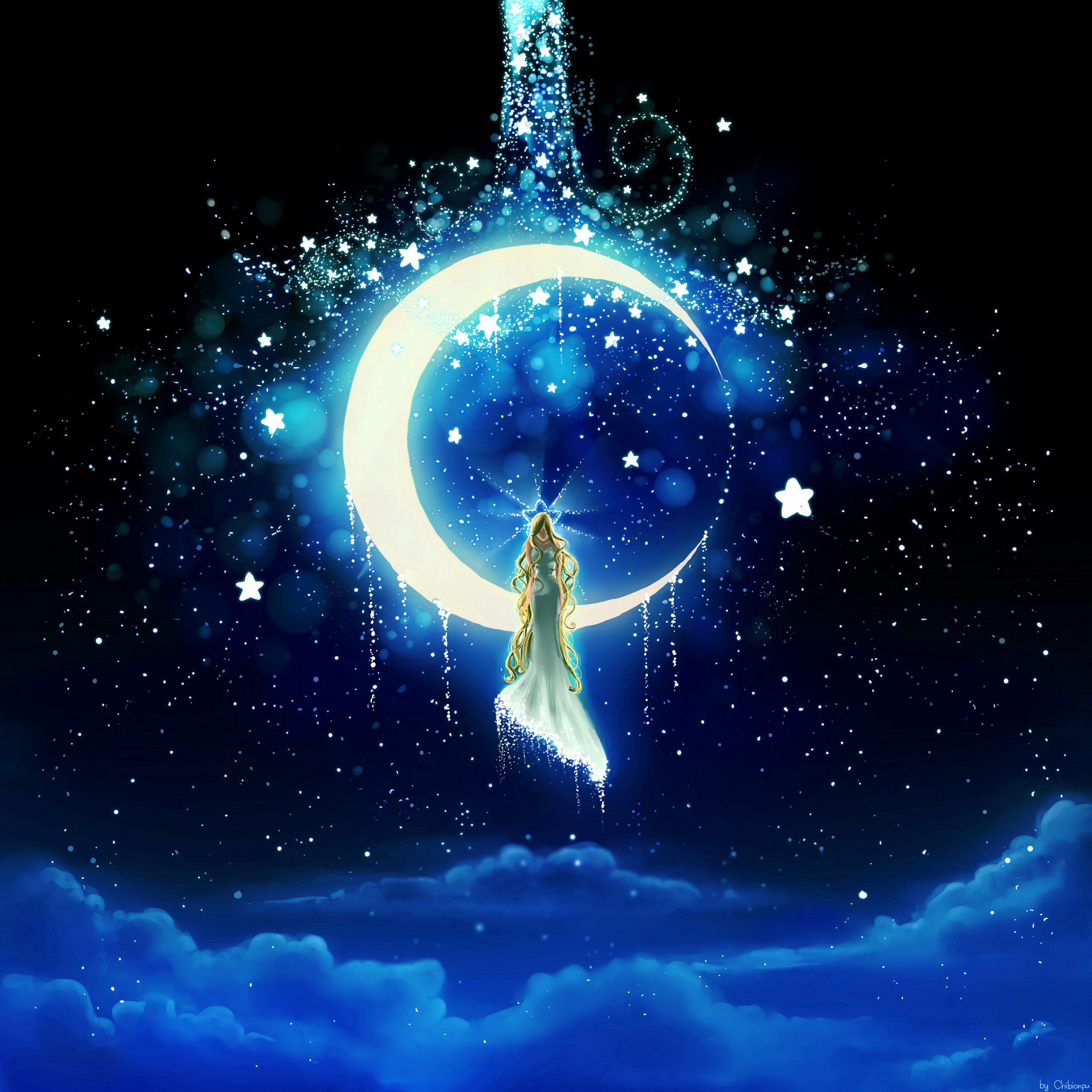 2560x2560 Download wallpaper 2560x2560 moon, stars, girl, night, art HD background