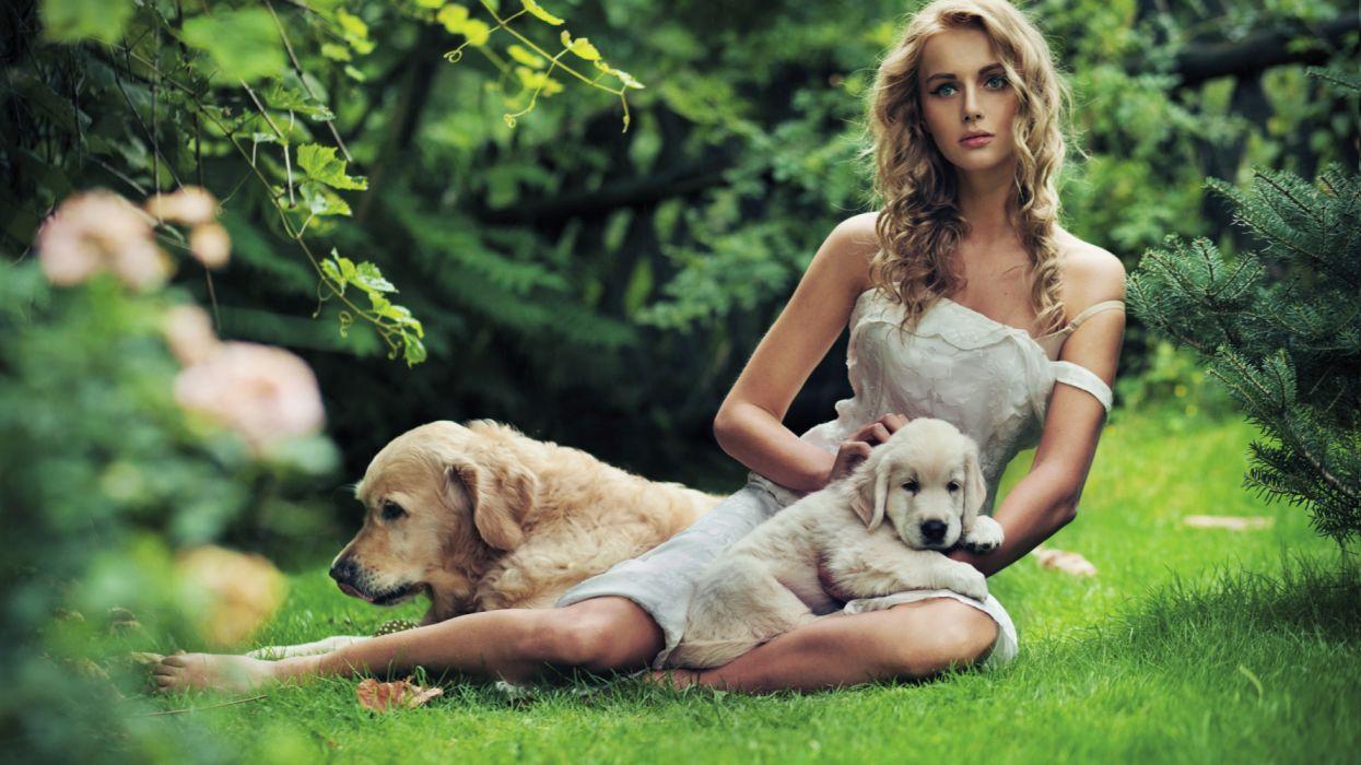 1245x700 Beautiful girl with a dog in the grass wallpaperx1440