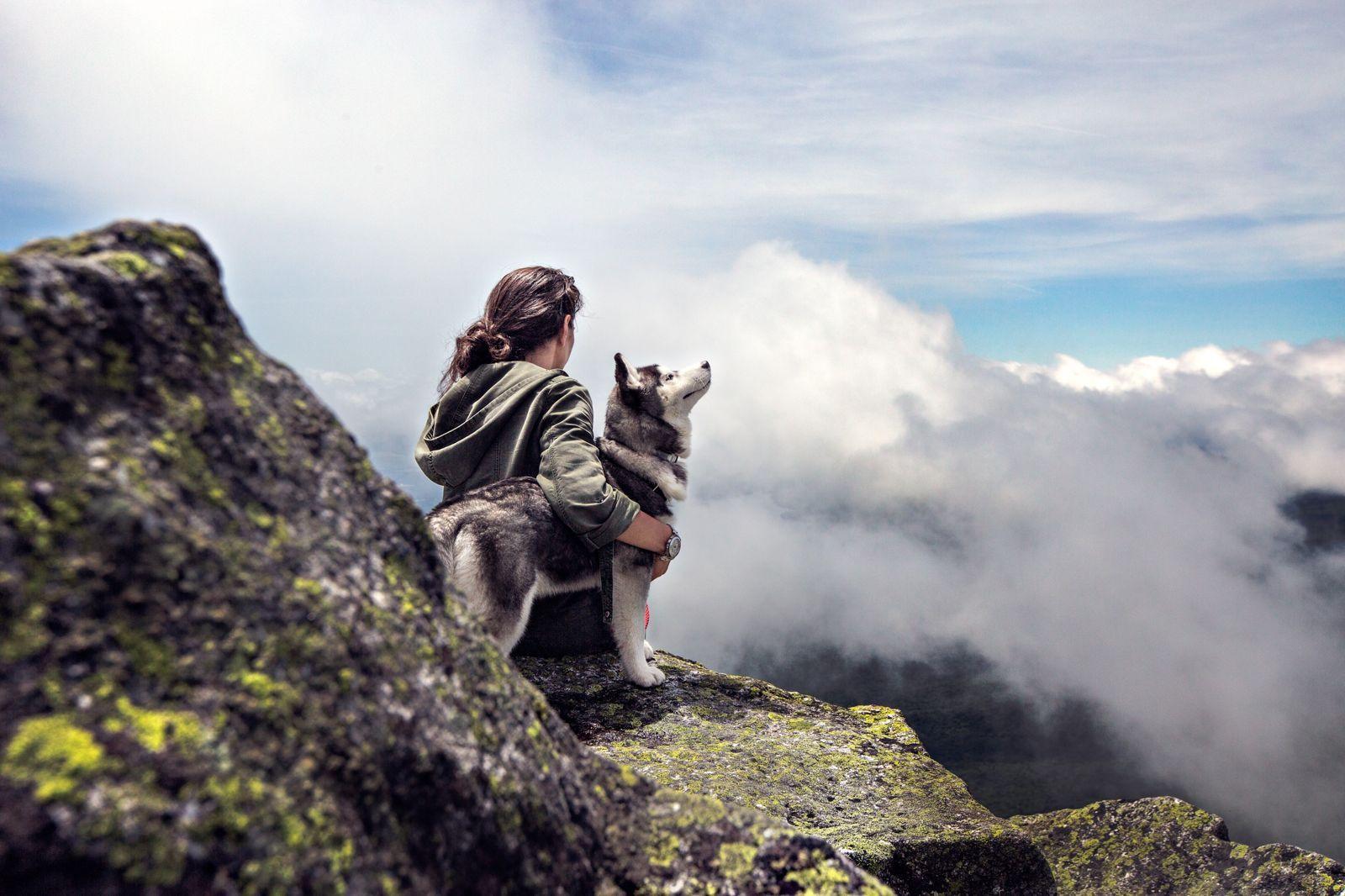 1600x1066 Woman Sky Girl Clouds Rocks Mountain Dog Adventure Stones Wallpaper.com. Best High Quality Wallpaper