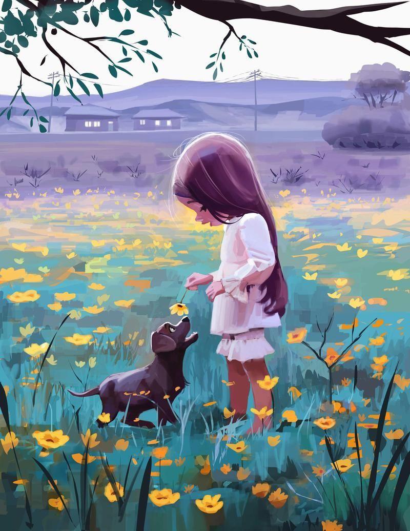 800x1036 Wallpaper Day. girl, dog, flowers, pet, cute for HD, 4K Wallpaperday for Desktop, Mobile Phones free downloa. Dreamy art, Illustration art, Illustration art girl