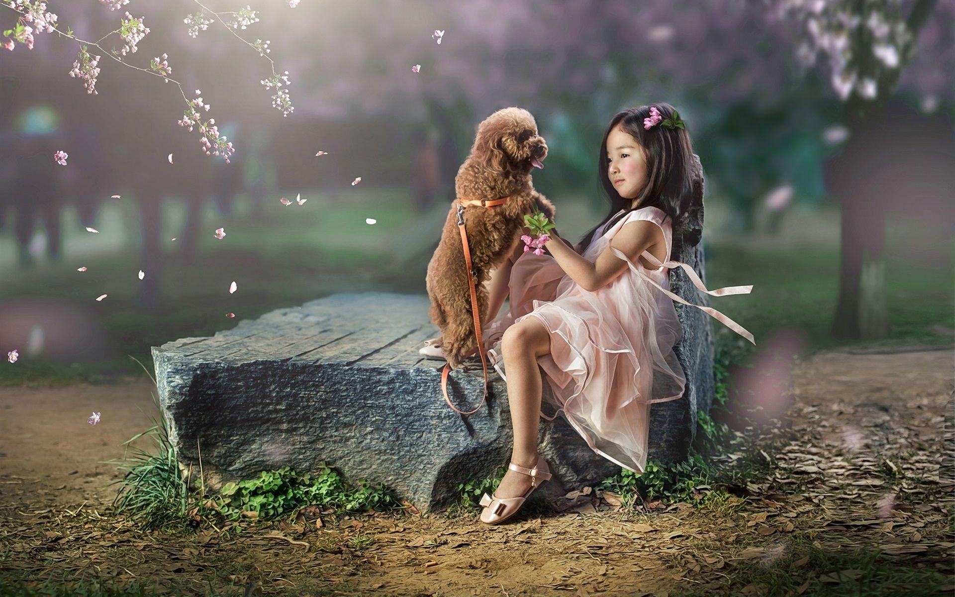 1920x1200 Wallpaper Lovely Asian little girl and dog, friends 1920x1200 HD Picture, Image