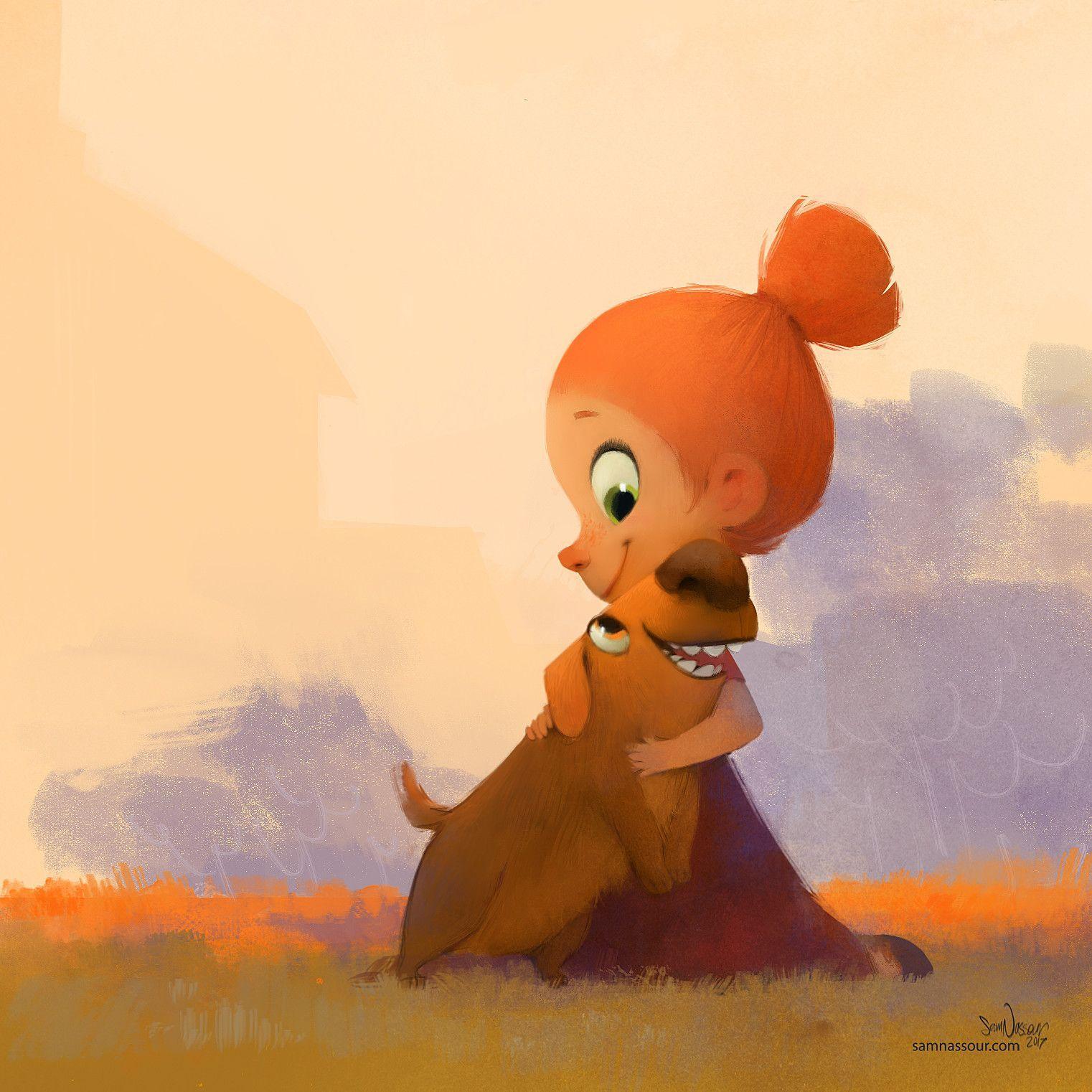 1522x1522 Art of Sam Nassour. Website. Girl and dog, Dog illustration, Cute art