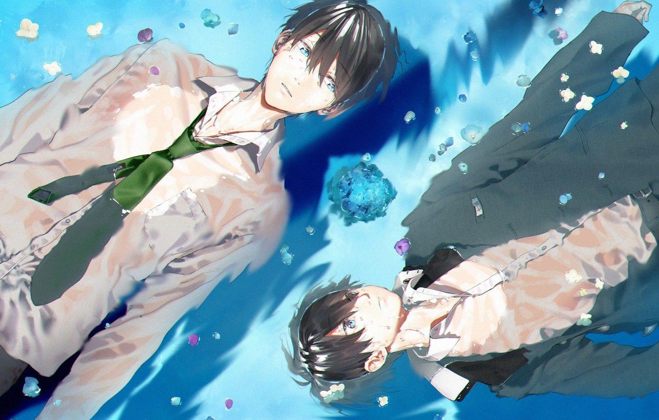 1332x850 Wallpaper water, tie, guys, friends, hydrangea, free, two guys, white shirt, nanase haruka, tachibana makoto, freestyle image for desktop, section сёнэн