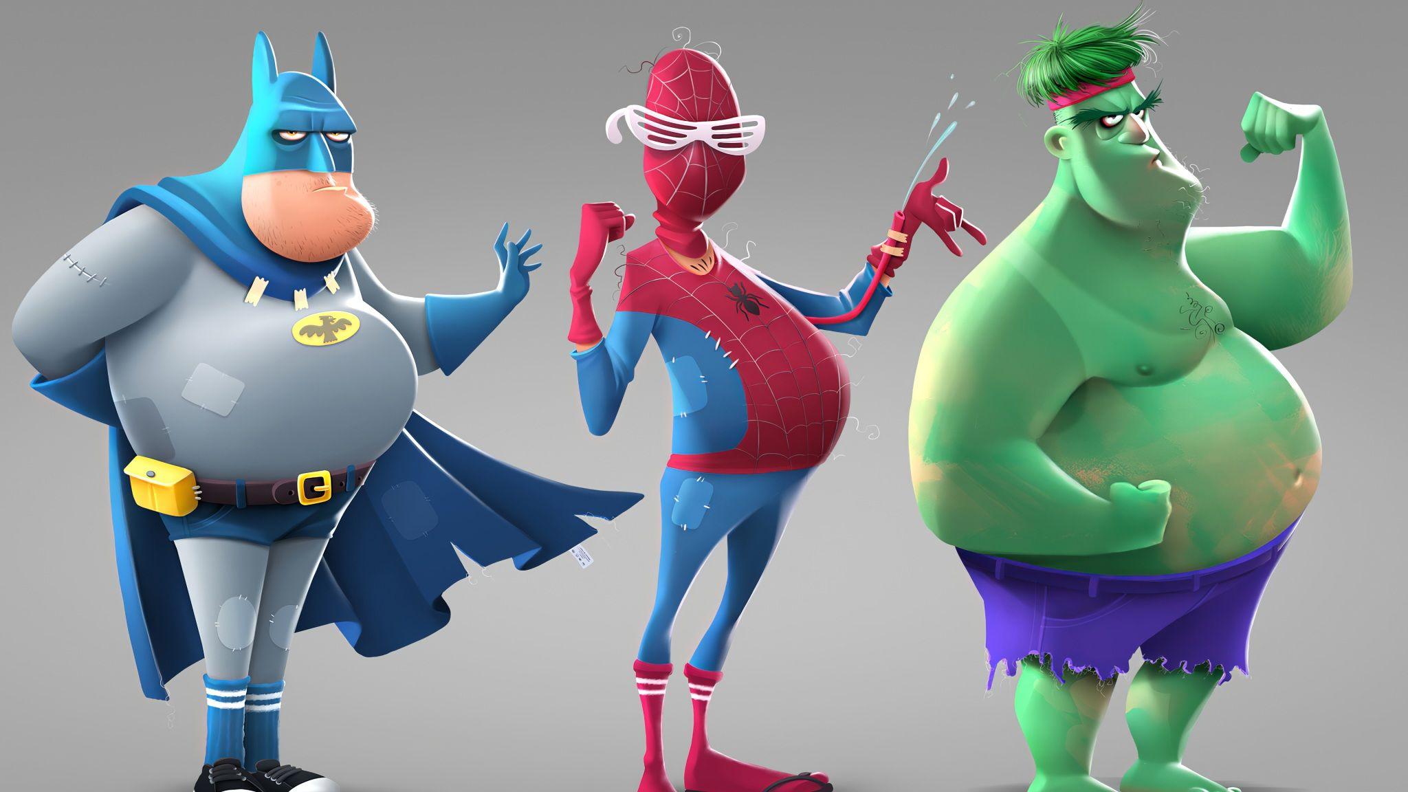 2048x1152 Wallpaper 4k Fat Batman Spiderman Hulk Fat Batman Spiderman Hulk HD 4k wallpaper