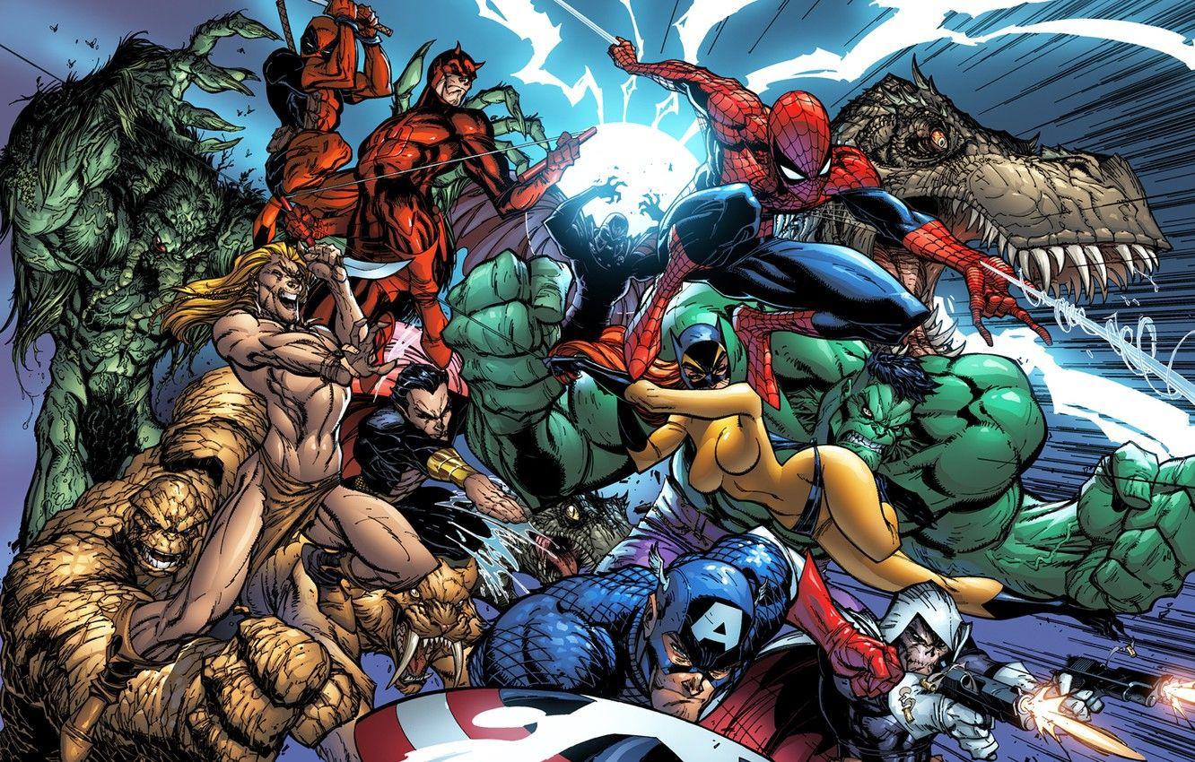 1332x850 Wallpaper Deadpool, Daredevil, Hulk, Marvel Comics, Spider Man, Peter Parker, Wade Wilson, Fantastic Four, Matthew Murdock, Thing, Bruce Banner, Benjamin Grimm, Captain America Steven Rogers Image For Desktop, Section фантастика