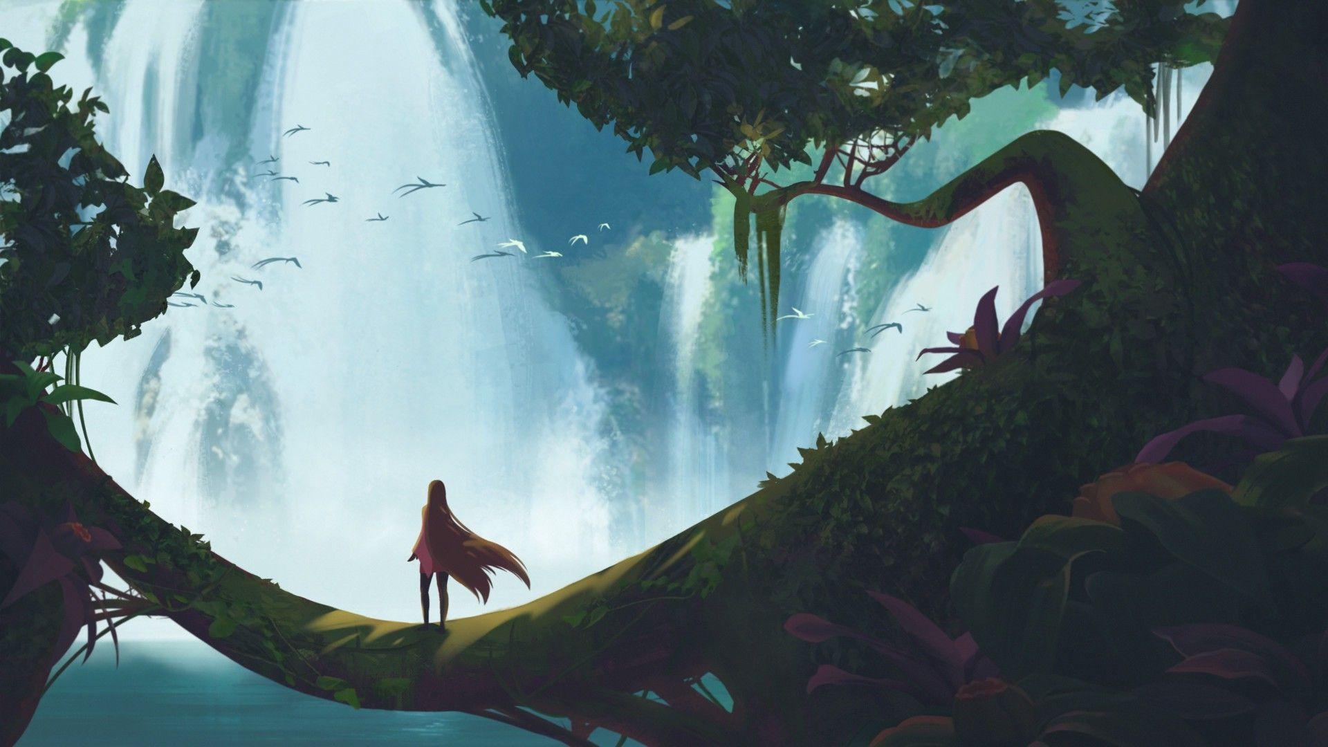 1920x1080 lake waterfall birds trees fantasy art Wallpaper HD / Desktop and Mobile Background