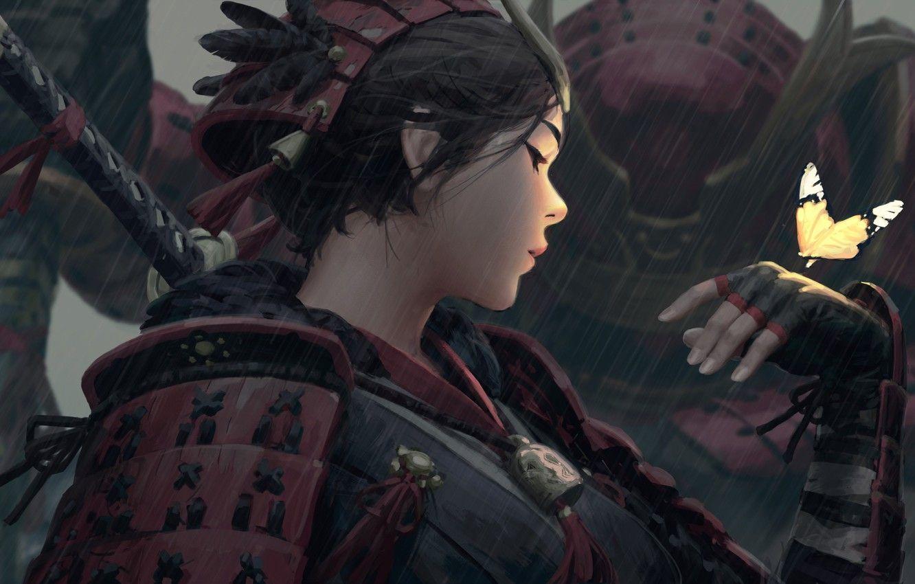 1332x850 Wallpaper girl, sword, fantasy, rain, weapon, butterfly, feathers, katana, samurai, digital art, artwork, warrior, fantasy art, armored, pearls, illustration image for desktop, section фантастика