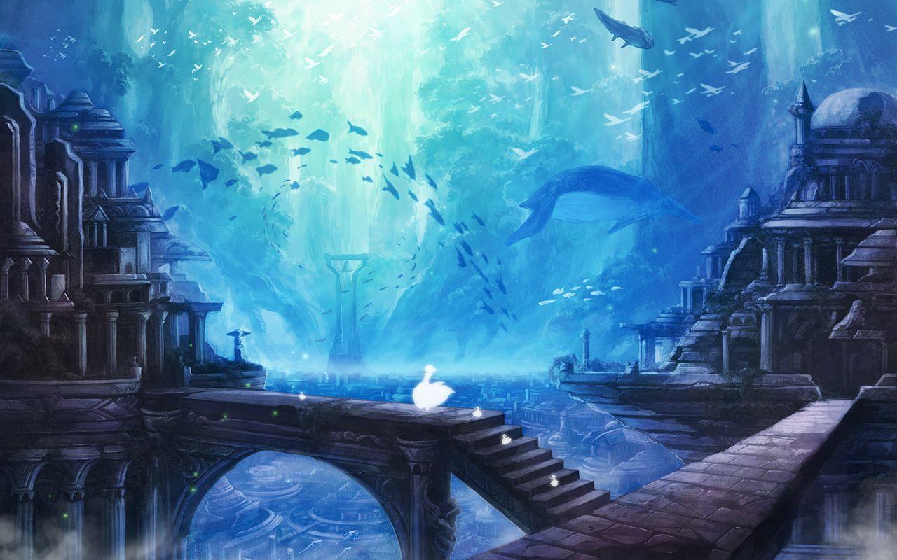 1280x800 source) art of wallpaper. Fantasy landscape, Underwater city, Anime scenery