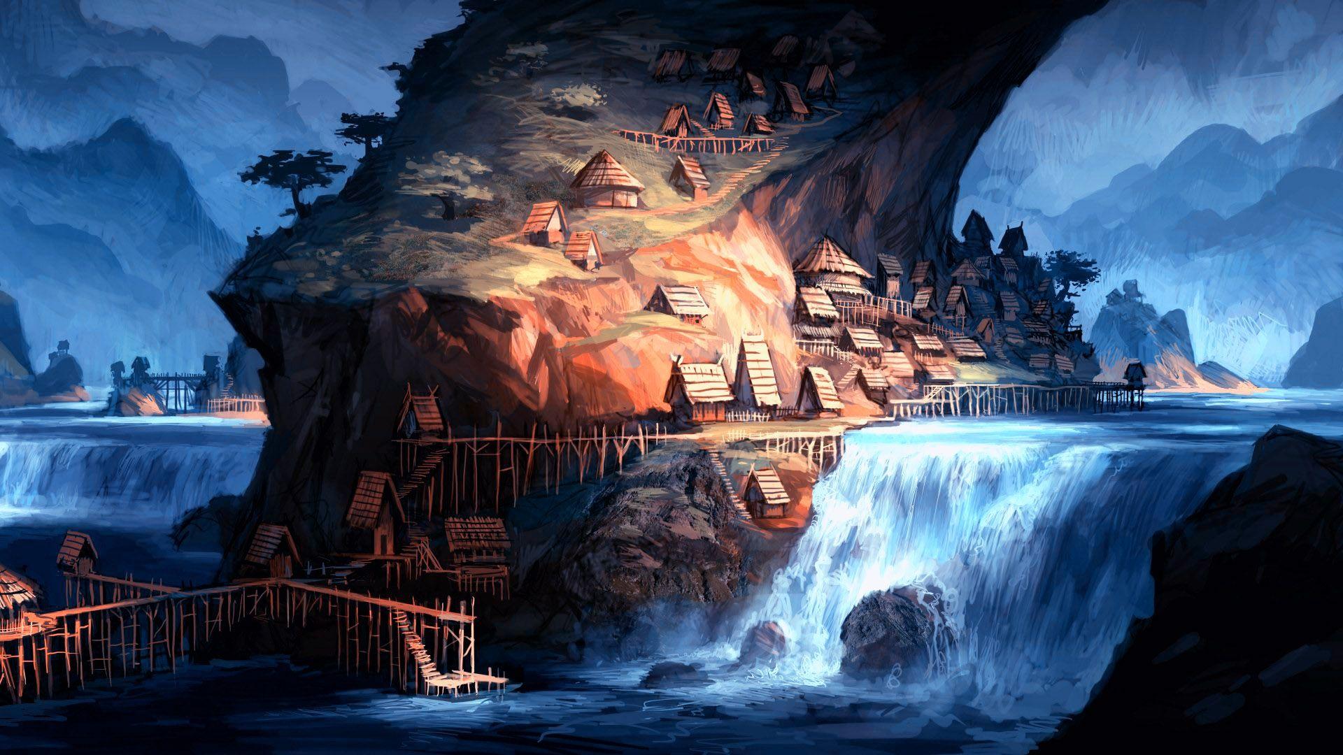 1920x1080 Fantasy art landscapes waterfalls rivers islands town village houses architecture mountains fog mist wallpaperx1080