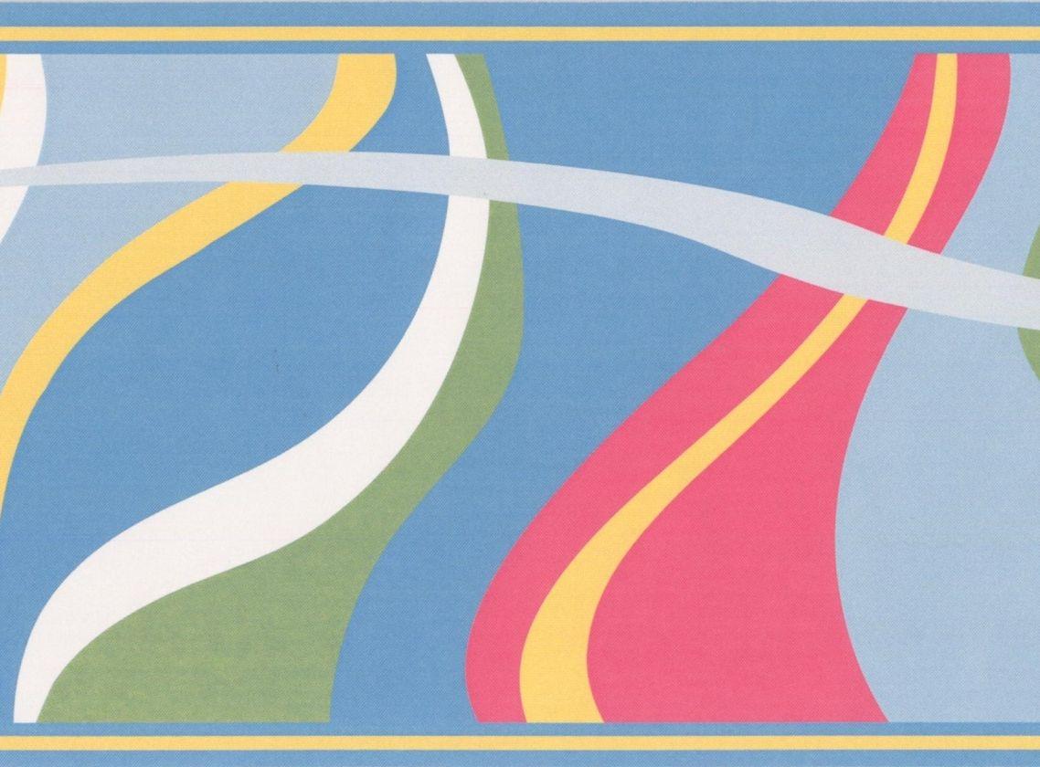 1138x840 Abstract Waves Red White Yellow Green all Shades of Blue Wallpaper Border Modern Design, Roll 15' x 6