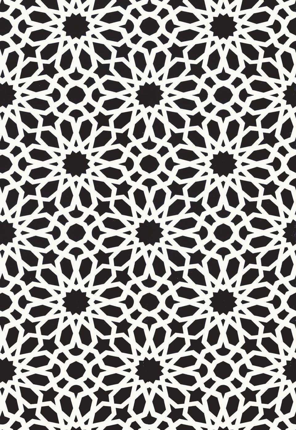 960x1396 Wallcovering / Wallpaper. Agadir Screen in Noir. Schumacher. Wallpaper warehouse, Geometric wallpaper, Islamic patterns