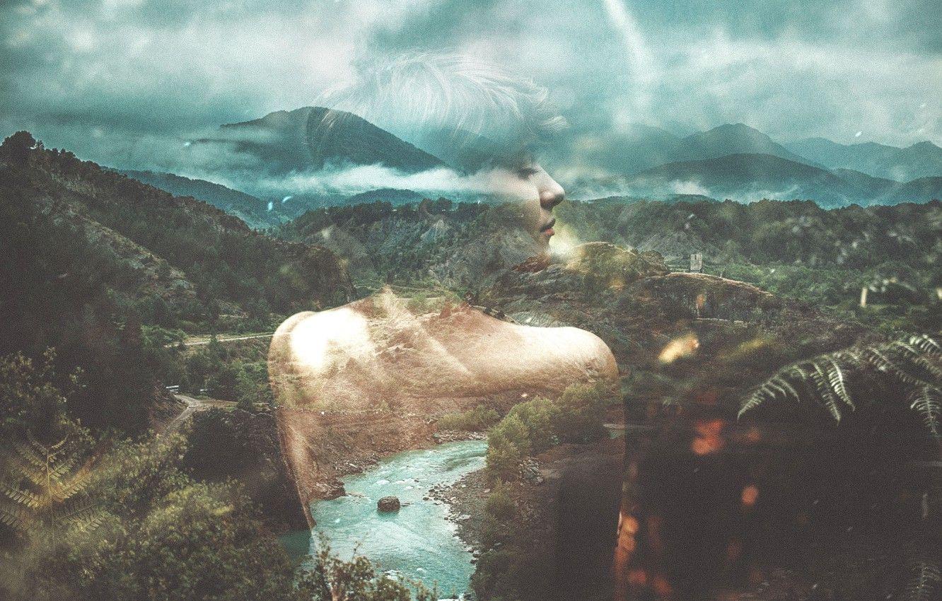 1332x850 Wallpaper girl, forest, river, clouds, hills, double exposure image for desktop, section абстракции