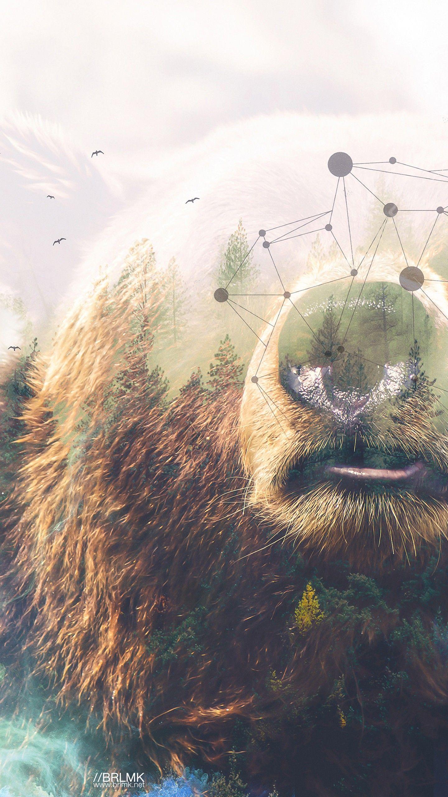 1440x2560 Grizzly bear Forest Double Exposure 4K Wallpaper