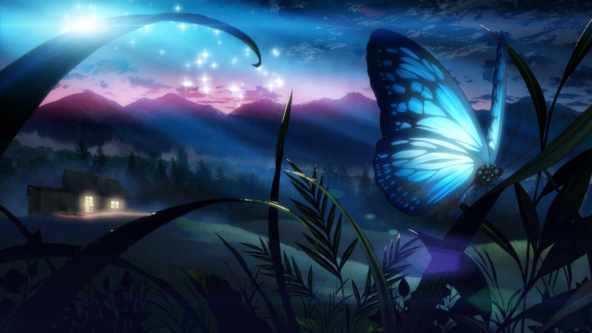 1920x1080 Steam Workshop::Night Nature with a beautiful butterfly and fireflies