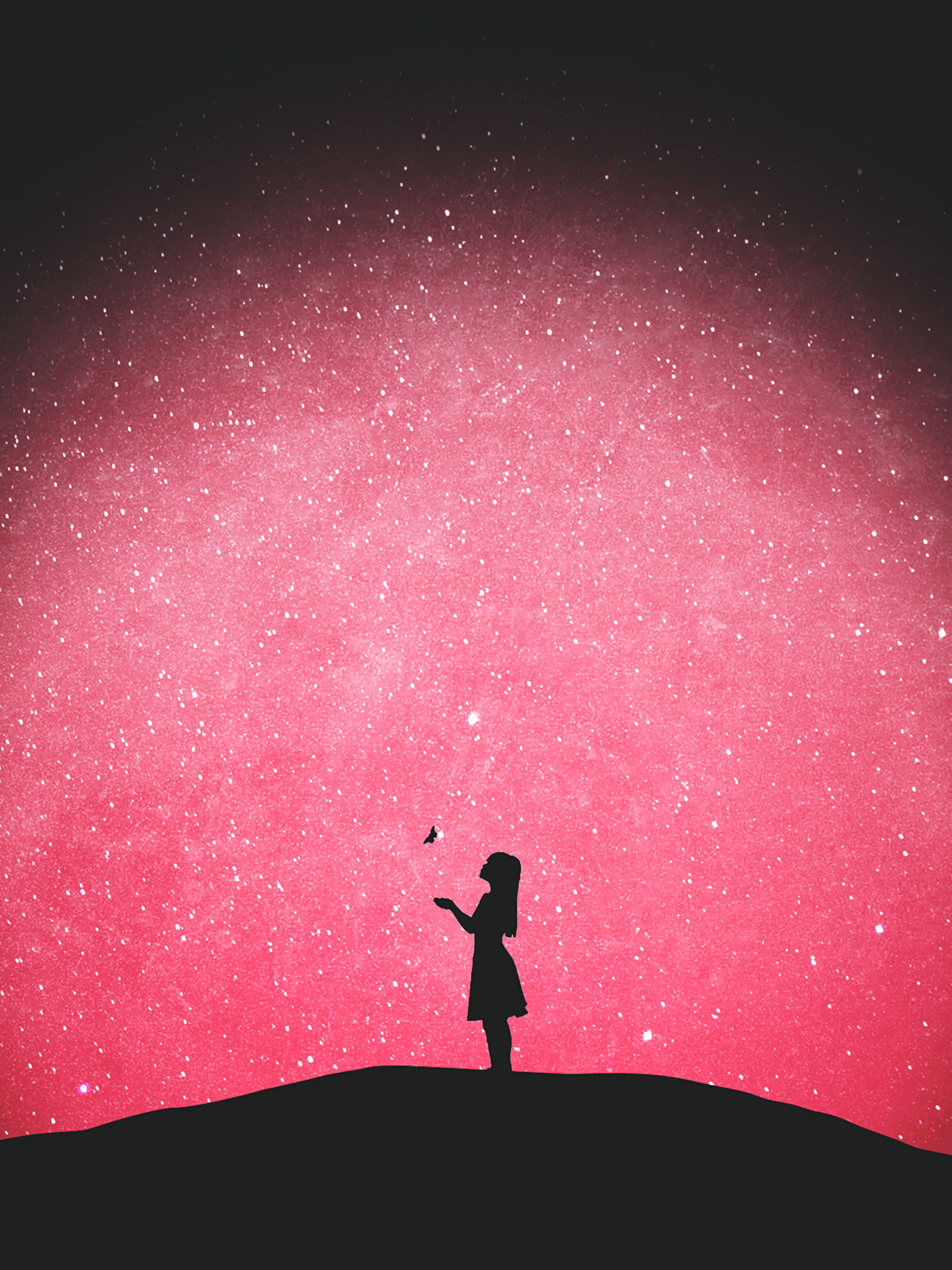 1536x2048 Download 1536x2048 Lonely Girl, Pink Sky, Stars, Night, Butterfly Wallpaper for Apple iPad Mini, Apple IPad 4