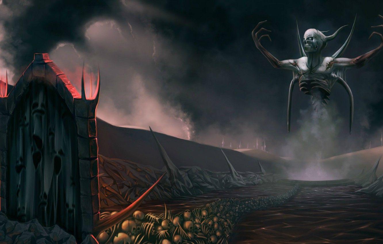 1332x850 Wallpaper road, smoke, bones, skeleton, horns, skull, Hell, the devil, the gates, Diablo III image for desktop, section игры