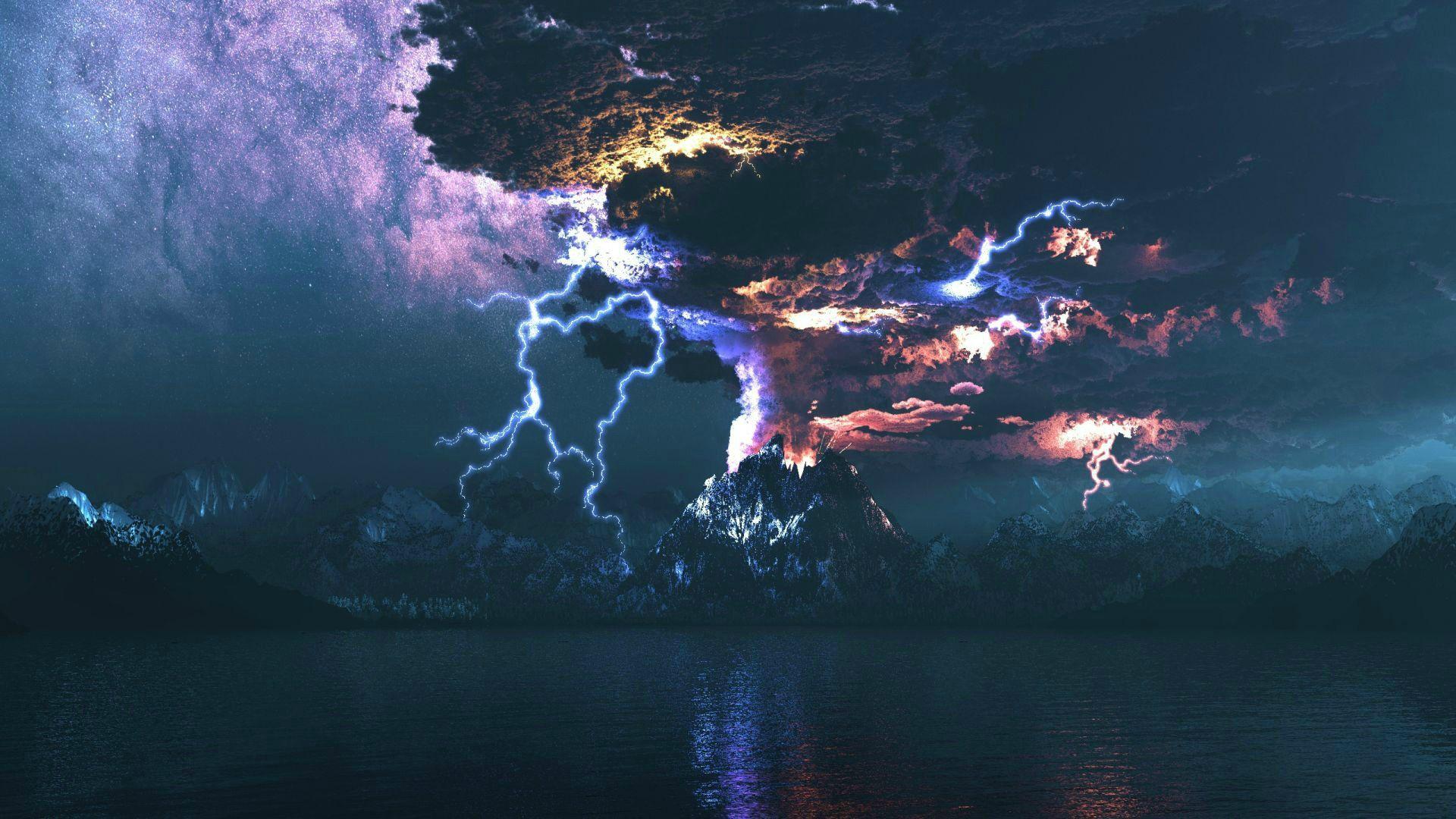 1920x1080 Volcano Erruption Lightning And Milky Way HD Wallpaperx1080