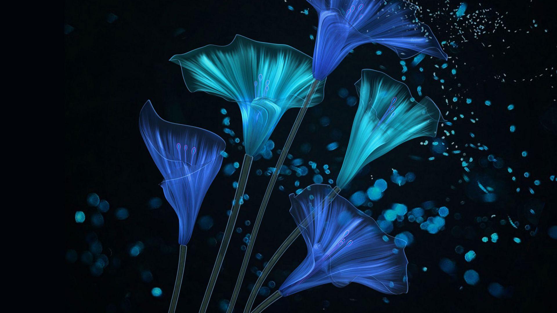 1920x1080 Download Blue flowers, dark, design, abstract wallpaper, 1920x Full HD, HDTV, FHD, 1080p