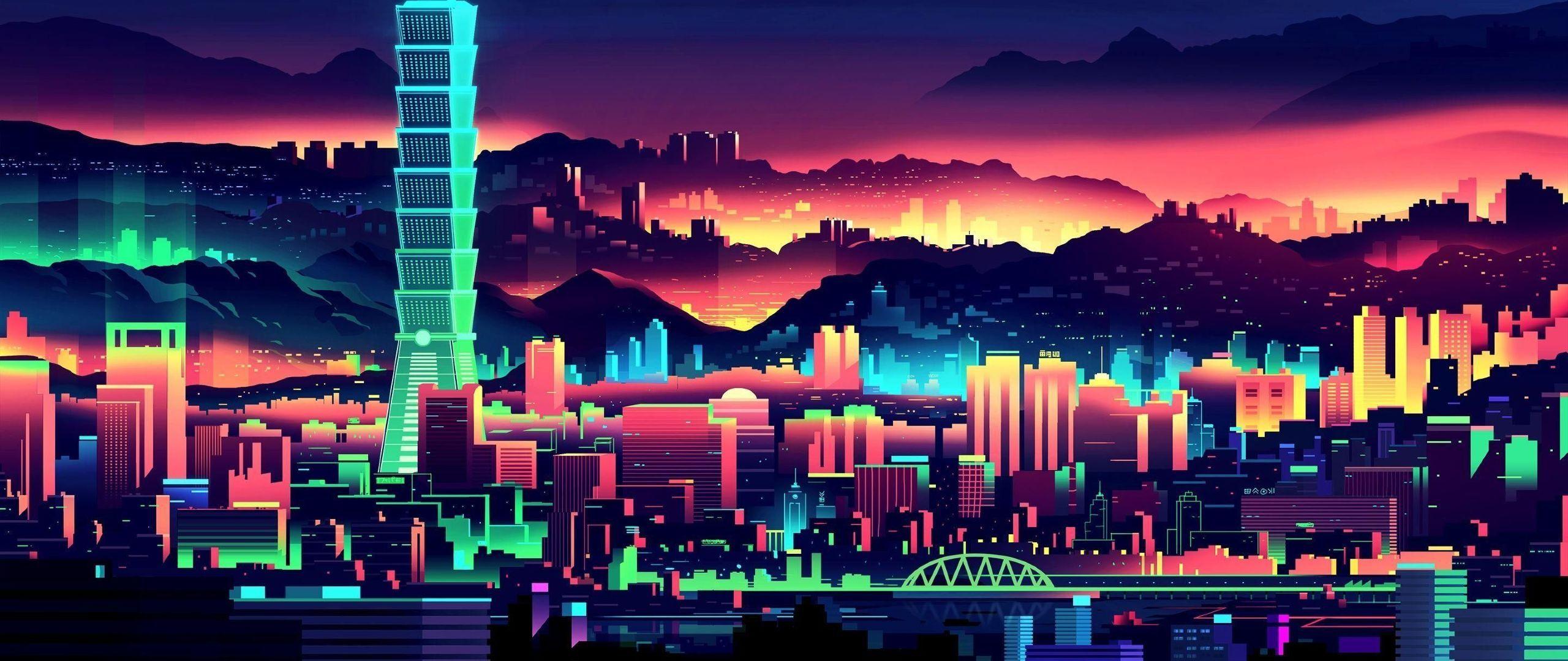 2560x1080 Retro 80s Digital Minimalism City 2560x1080 Resolution Wallpaper, HD Minimalist 4K Wallpaper, Image, Photo and Background