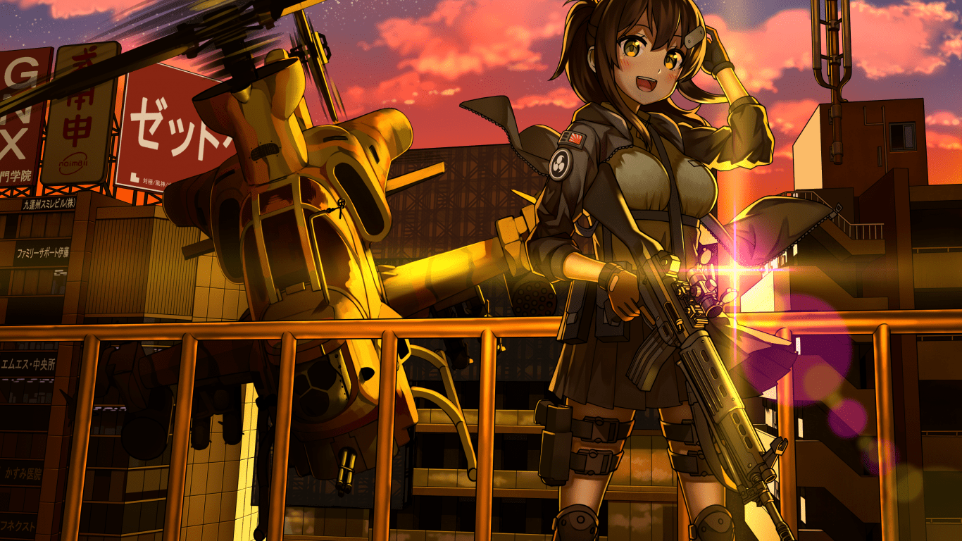 1366x768 Download 1366x768 Anime Girl, Soldier, Military Uniform, Helicopter, Smiling, Gun, Buildings, Sunset Wallpaper for Laptop, Notebook